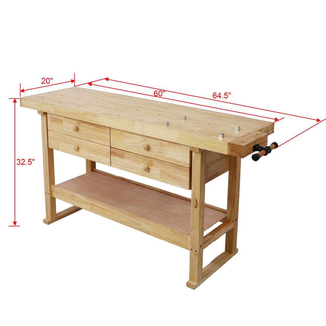 60In Workbench With 4 Drawers Wooden Workbench For Garage Workshop And Home Natural Rubber Wood