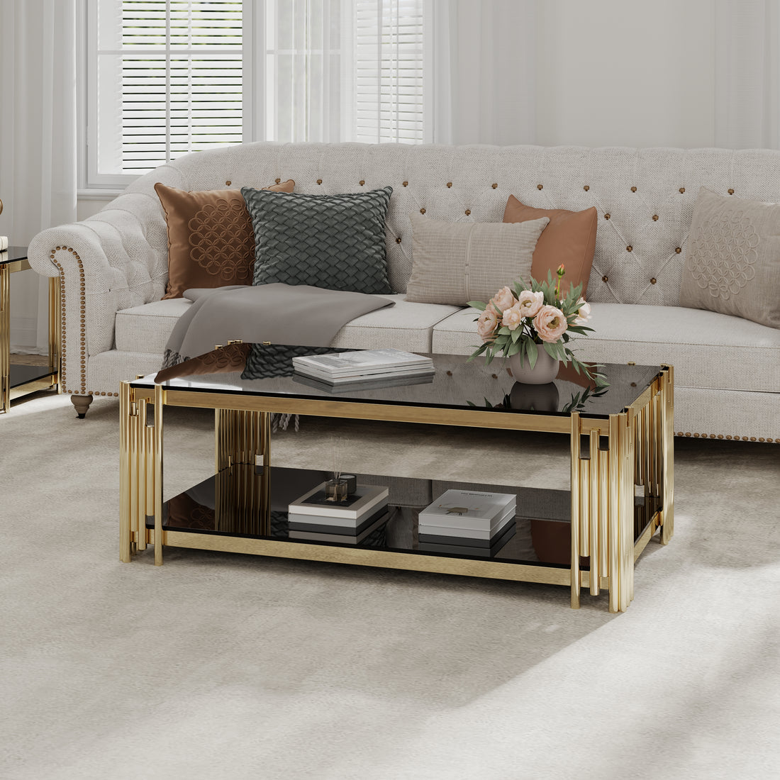 48" Wide Rectangular Coffee Table With Black Tempered Glass Top, Golden Stainless Steel Double Layer Coffee Table For Living Room Polished Golden Stainless Steel