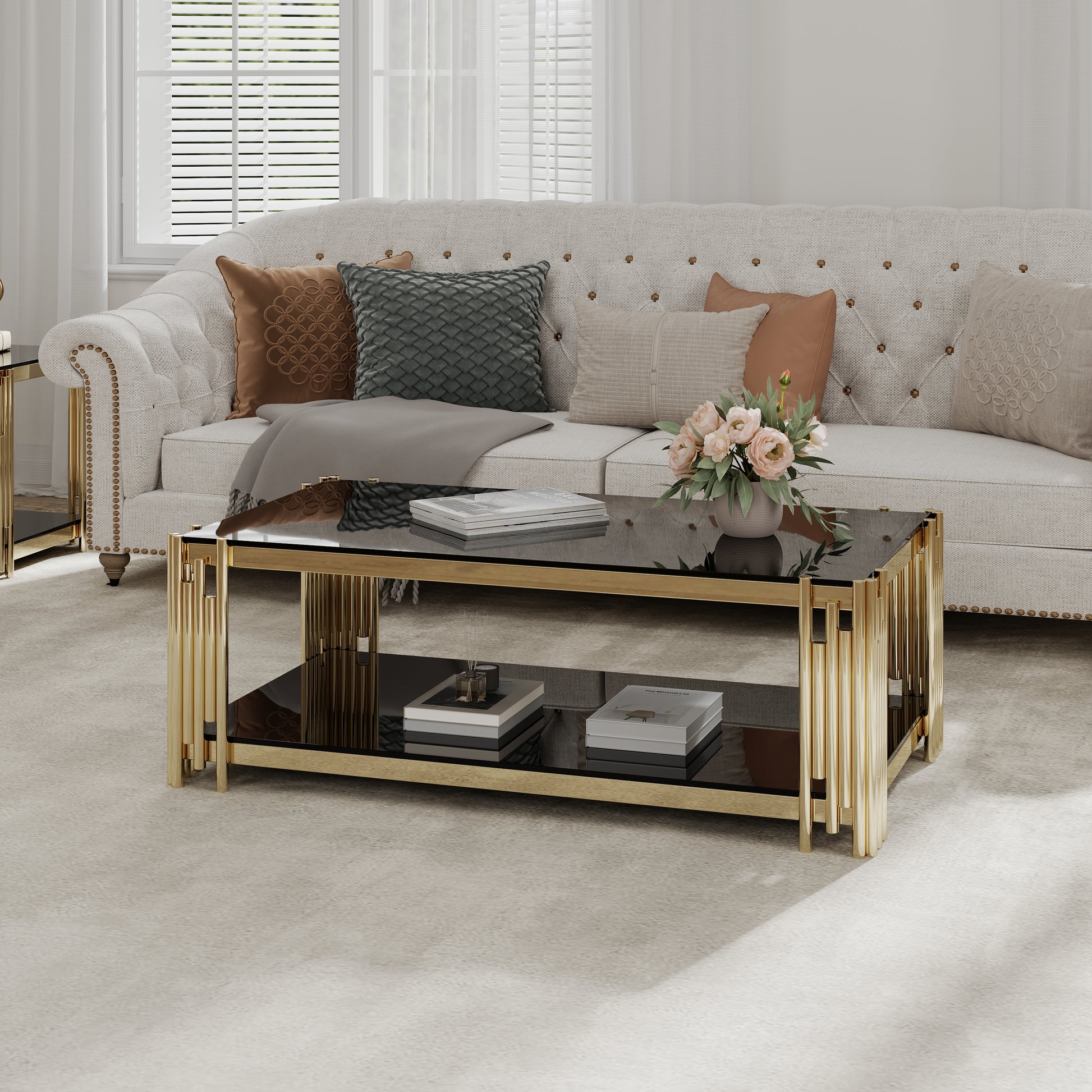 48" Wide Rectangular Coffee Table With Black Tempered Glass Top, Golden Stainless Steel Double Layer Coffee Table For Living Room Polished Golden Stainless Steel