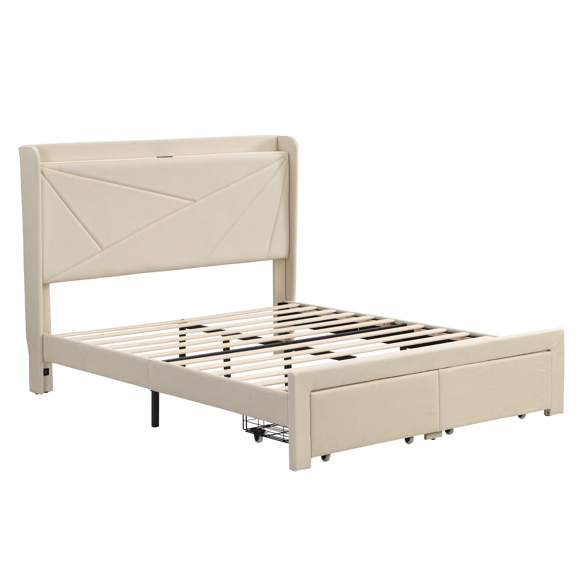 Full Size Bed Frame With 2 Storage Drawers, Upholstered Bed Frame With Wingback Headboard Storage Shelf Built In Usb Charging Stations And Strong Wood Slats Support, No Box Spring Needed, Beige Box Spring Not Required Full Beige Composite Bedroom Bed