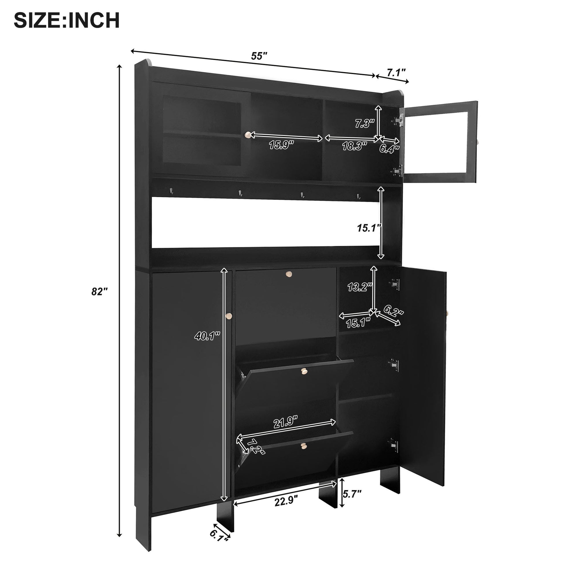 Contemporary Shoe Cabinet With Open Storage Platform, Tempered Glass Hall Tree With 3 Flip Drawers, Versatile Tall Cabinet With 4 Hanging Hooks For Hallway, Black 3 4 Drawers Black Primary Living Space Adjustable Shelves Particle Board