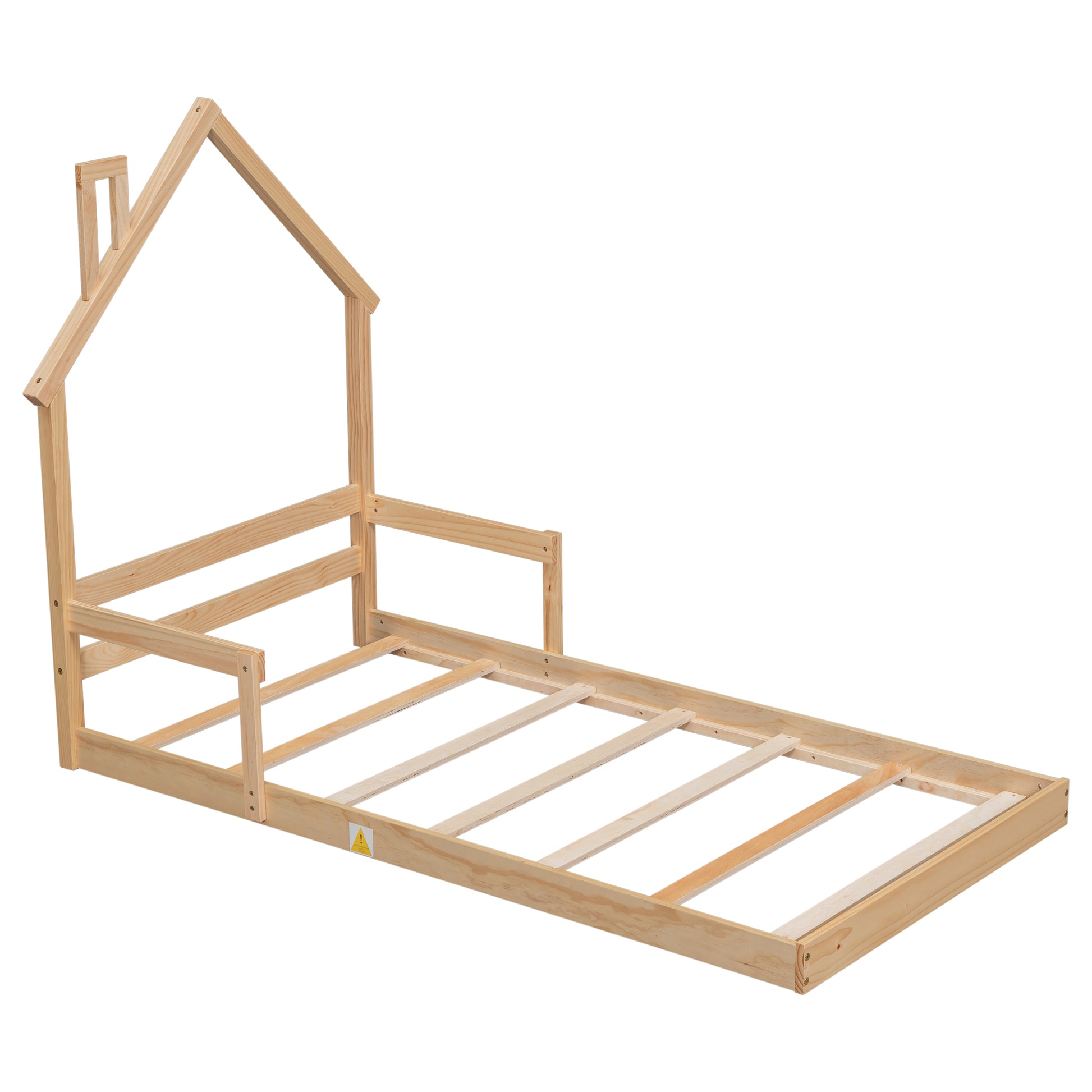 Twin House Shaped Headboard Floor Bed With Handrails ,Slats ,Natural Twin Natural Wood Bedroom American Design Pine Bed Frame Pine