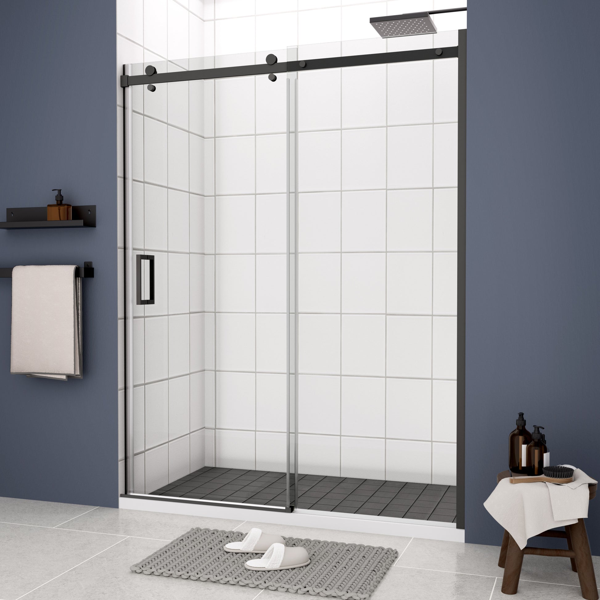 Glass Shower Door, Sliding Door, With 5 16" Tempered Glass And Matted Black Finish Matte Black Bathroom Aluminium Alloy