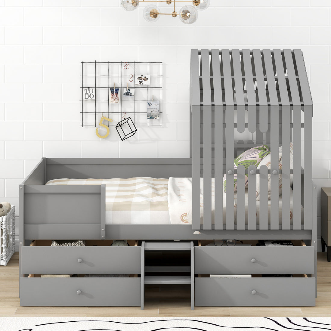 Full Size House Low Loft Bed With Four Drawers,Gray Box Spring Not Required Gray Wood Pine