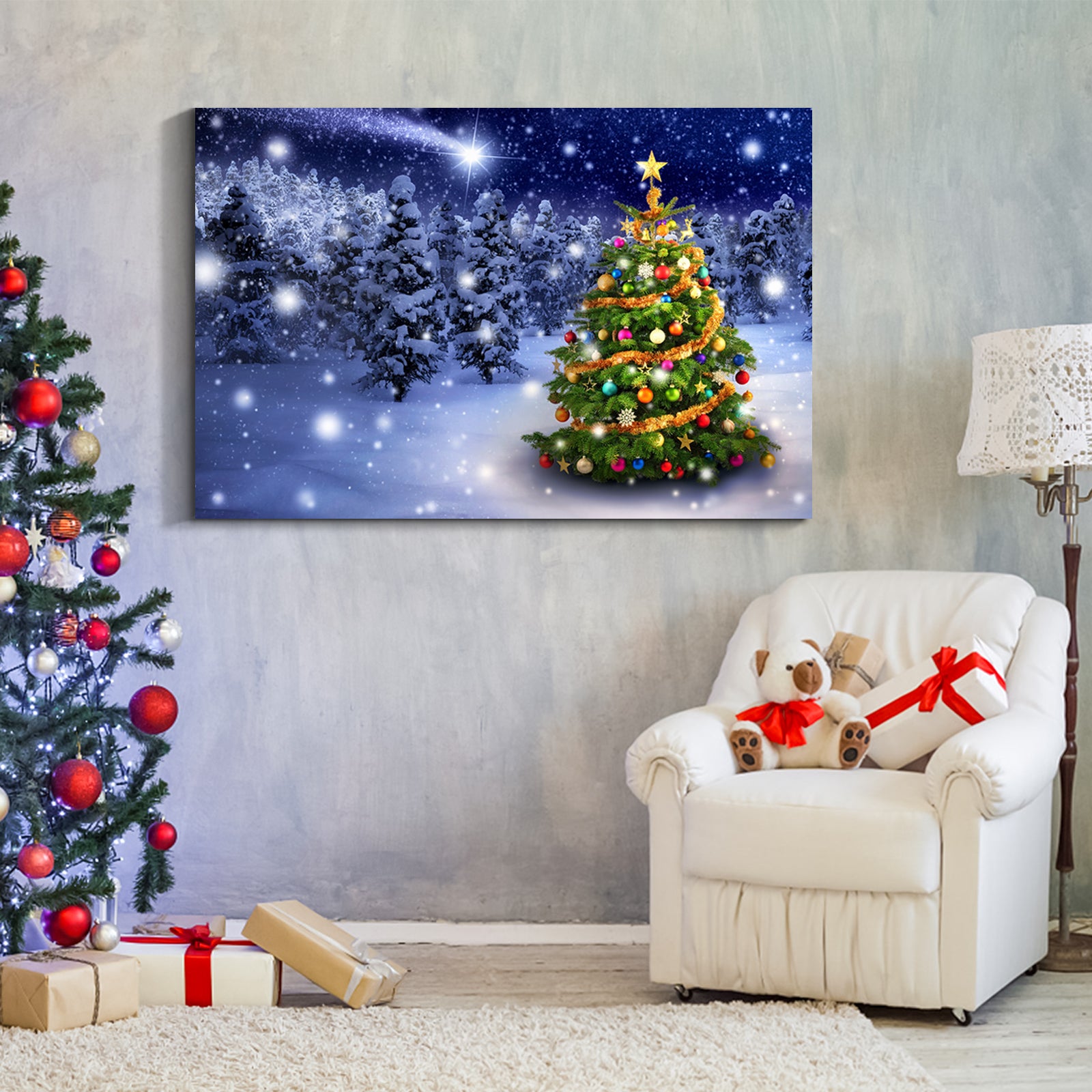 Framed Canvas Wall Art Decor Painting For Chrismas, Chrismas Tree In Forest Chrismas Painting For Chrismas Gift, Decoration For Chrismas Eve Office Living Room, Bedroom Decor 1812In Thickness 1.5Inch Rectangle Framed Multicolor Christmas Oversized 41In