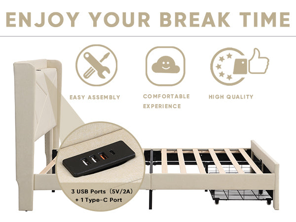 Full Size Bed Frame With 2 Storage Drawers, Upholstered Bed Frame With Wingback Headboard Storage Shelf Built In Usb Charging Stations And Strong Wood Slats Support, No Box Spring Needed, Beige Box Spring Not Required Full Beige Composite Bedroom Bed