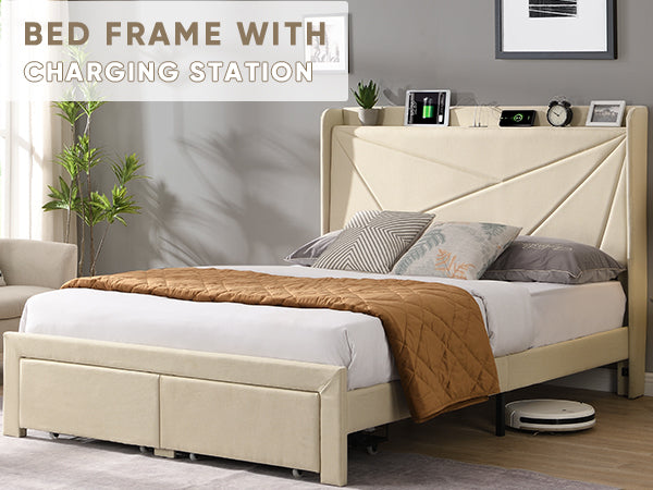 Full Size Bed Frame With 2 Storage Drawers, Upholstered Bed Frame With Wingback Headboard Storage Shelf Built In Usb Charging Stations And Strong Wood Slats Support, No Box Spring Needed, Beige Box Spring Not Required Full Beige Composite Bedroom Bed