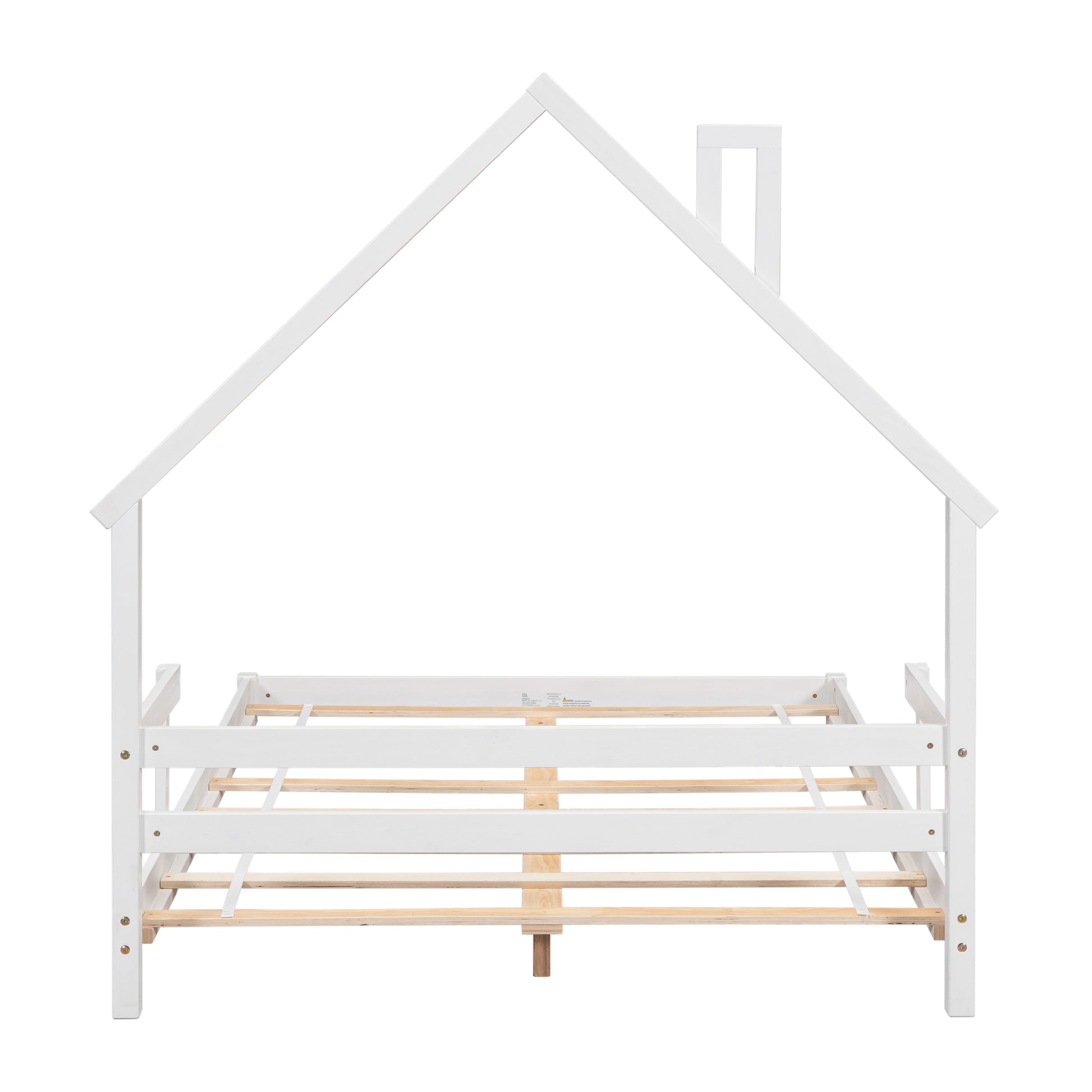 Full House Shaped Headboard Bed With Handrails ,Slats ,White Full White Wood Bedroom American Design Pine Bed Frame Pine