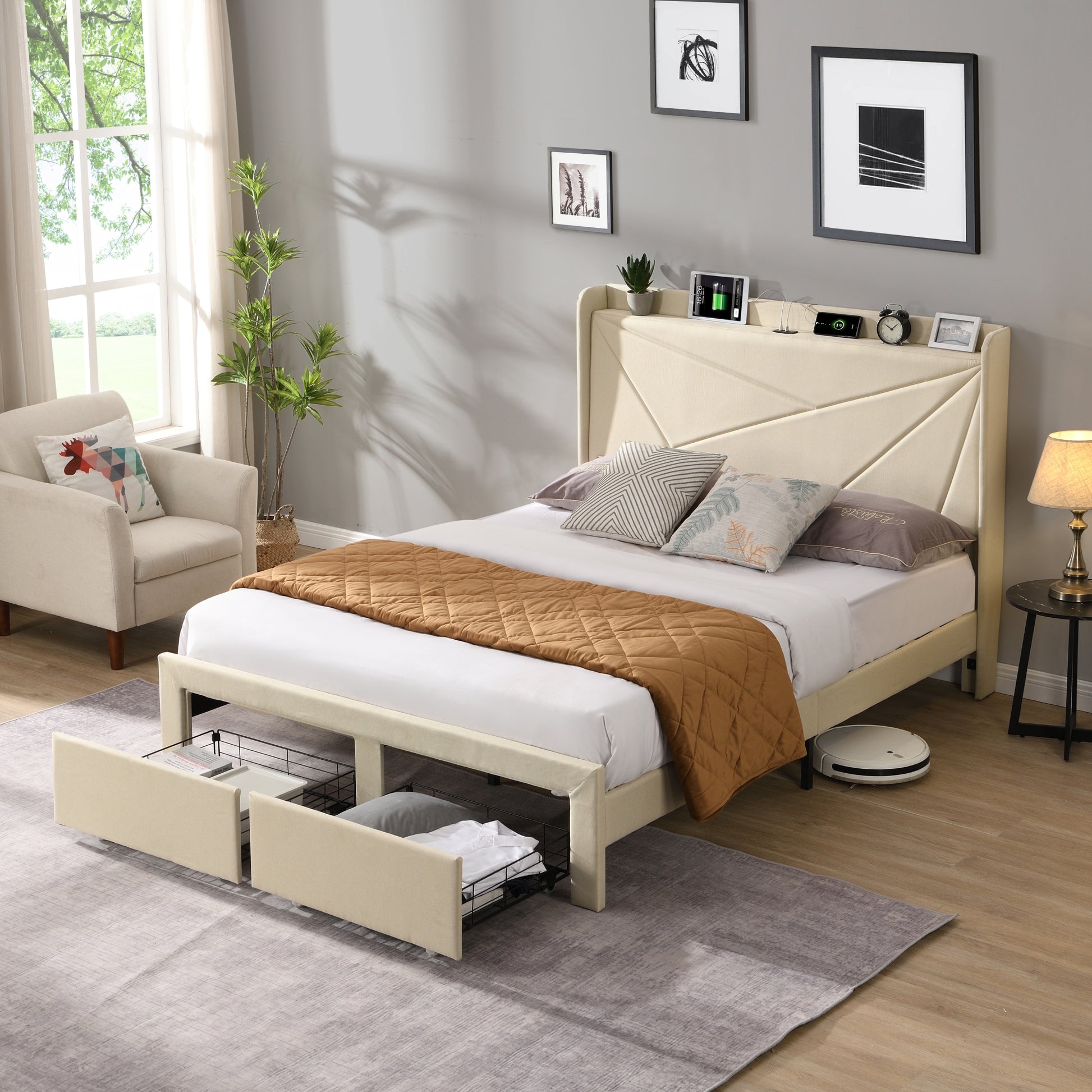 Full Size Bed Frame With 2 Storage Drawers, Upholstered Bed Frame With Wingback Headboard Storage Shelf Built In Usb Charging Stations And Strong Wood Slats Support, No Box Spring Needed, Beige Box Spring Not Required Full Beige Composite Bedroom Bed