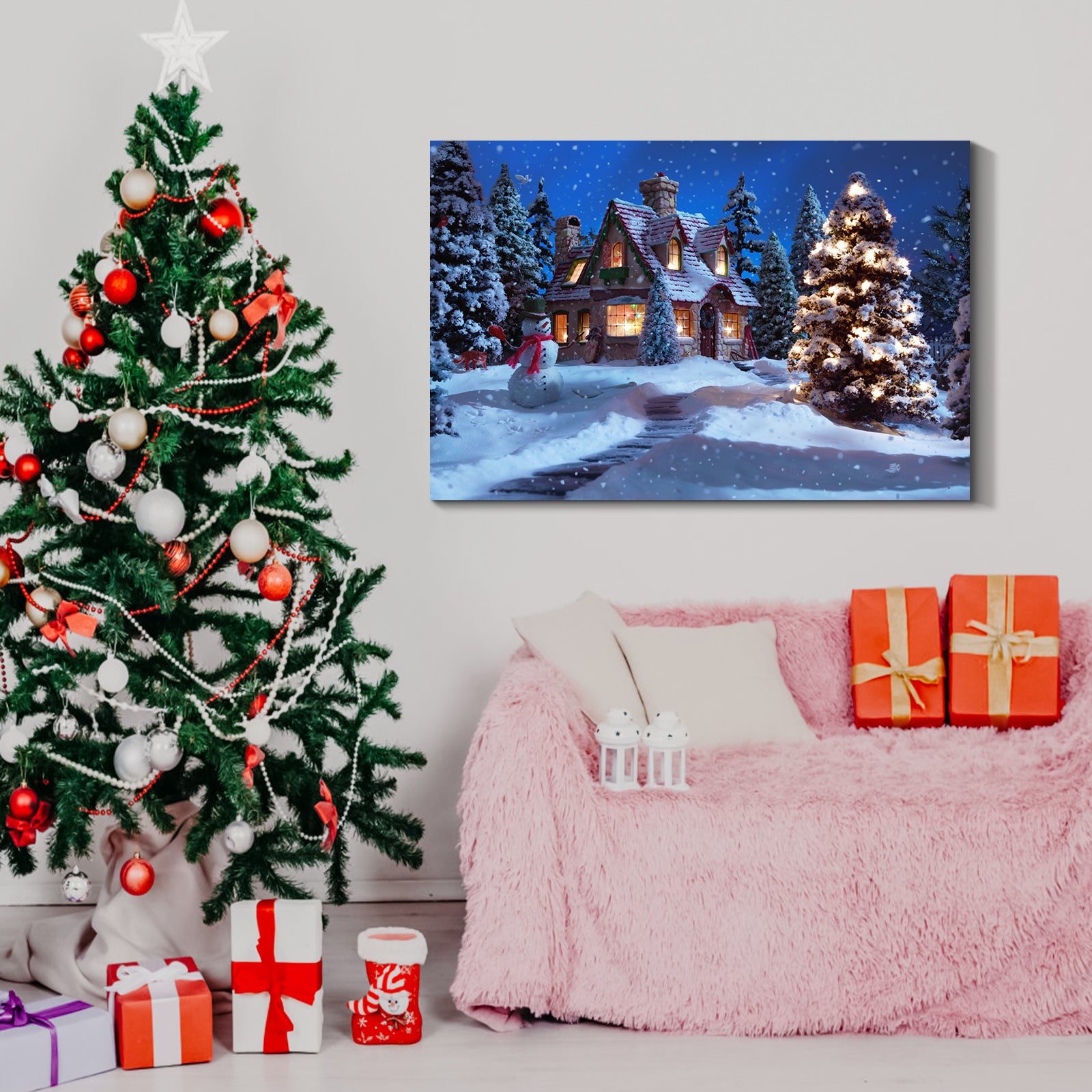 Framed Canvas Wall Art Decor Painting For Chrismas, Chrismas Tree In Forest Chrismas Gift Painting For Chrismas Gift, Decoration For Chrismas Eve Living Room, Bedroom Decor 1812In Thickness 1.5Inch Rectangle Framed Multicolor Christmas Oversized 41In