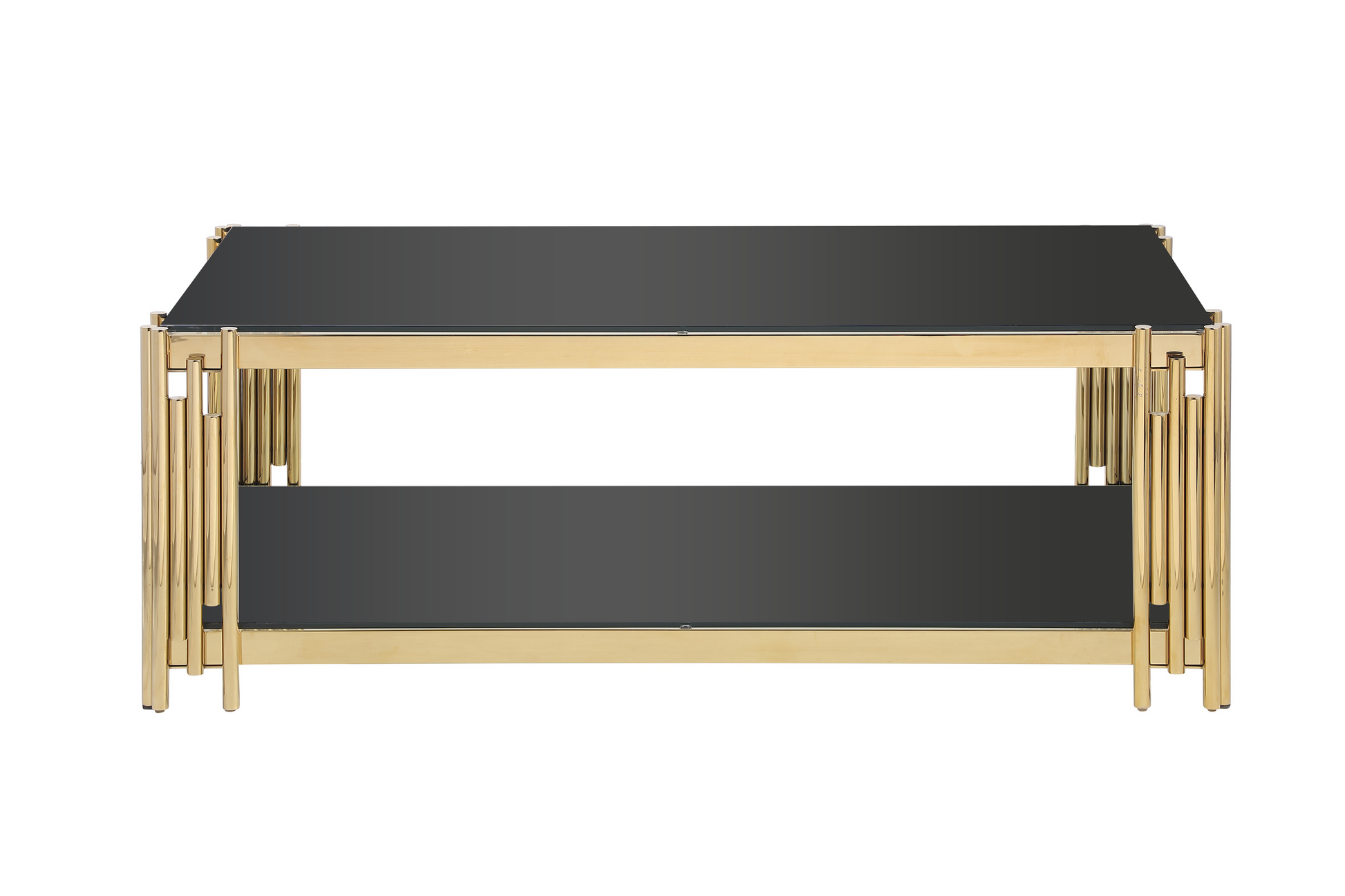 48" Wide Rectangular Coffee Table With Black Tempered Glass Top, Golden Stainless Steel Double Layer Coffee Table For Living Room Polished Golden Stainless Steel
