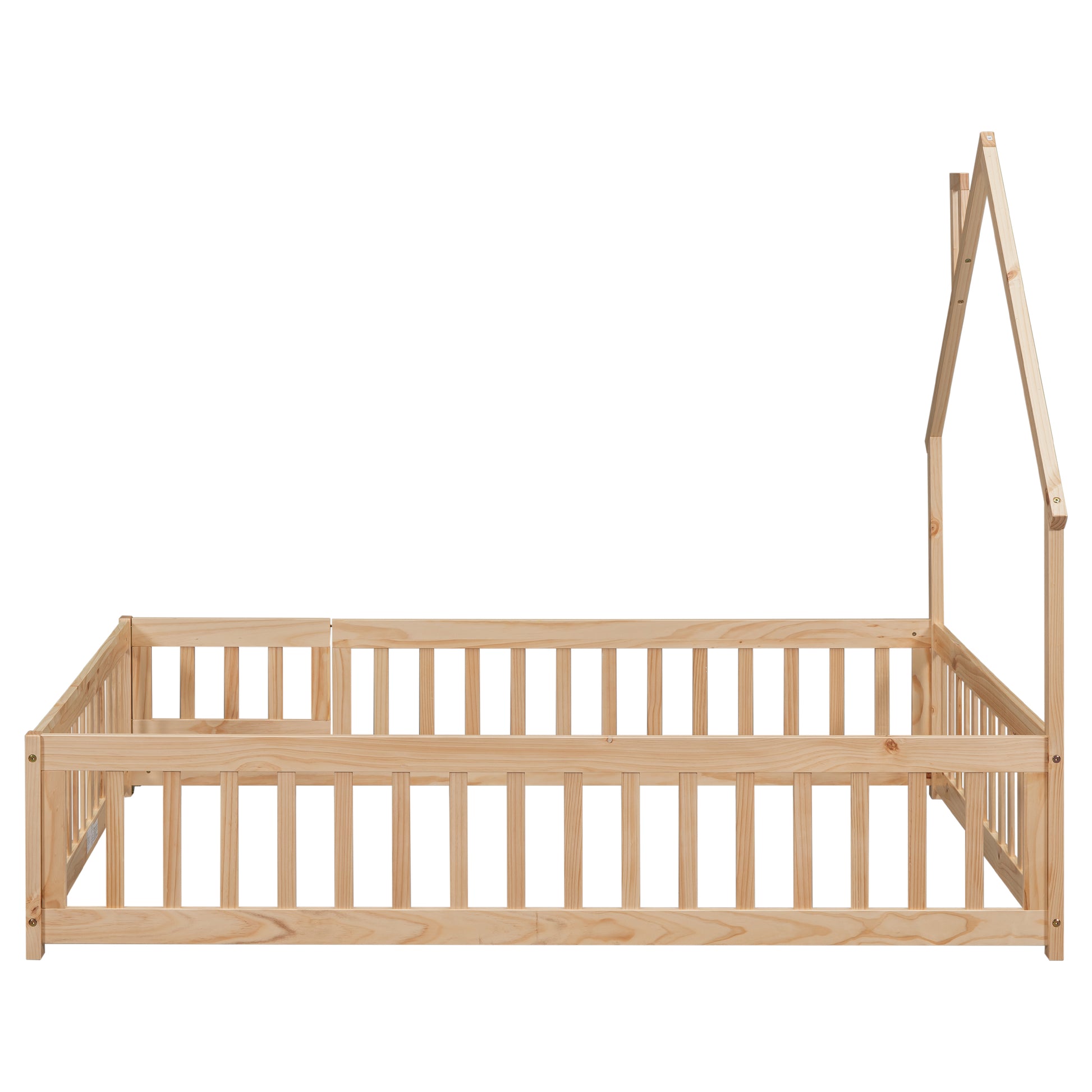 Full House Shaped Headboard Floor Bed With Fence,Natural Full Natural Wood Bedroom American Design Pine Bed Frame Pine