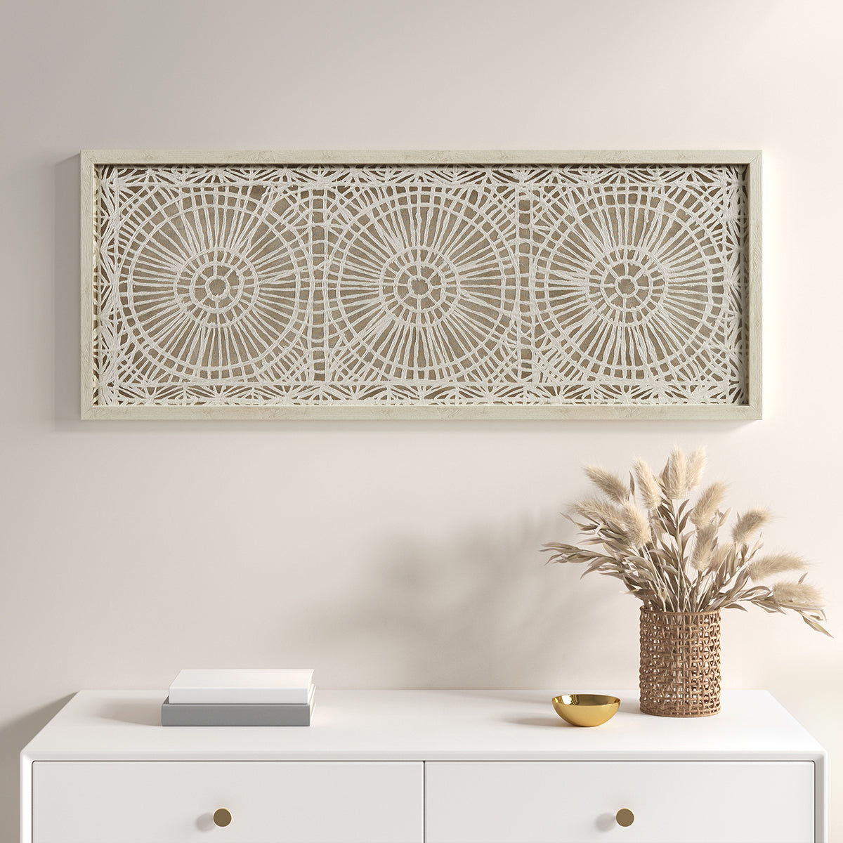 Framed Medallion Rice Paper Shadow Box Wall Decor Off White Mdf