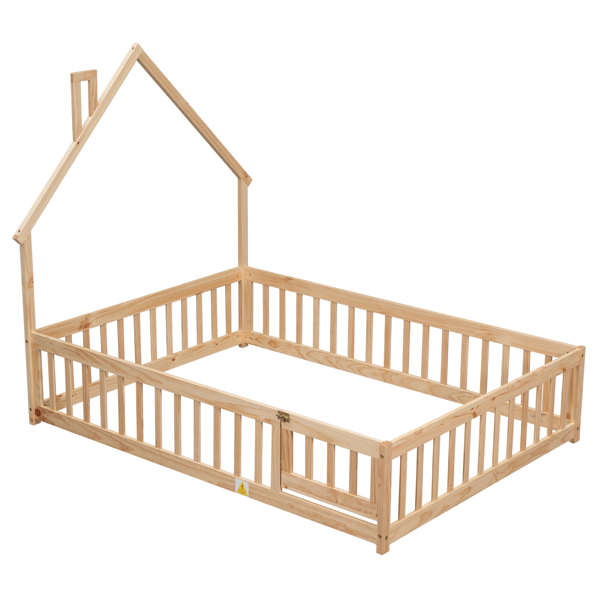 Full House Shaped Headboard Floor Bed With Fence,Natural Full Natural Wood Bedroom American Design Pine Bed Frame Pine