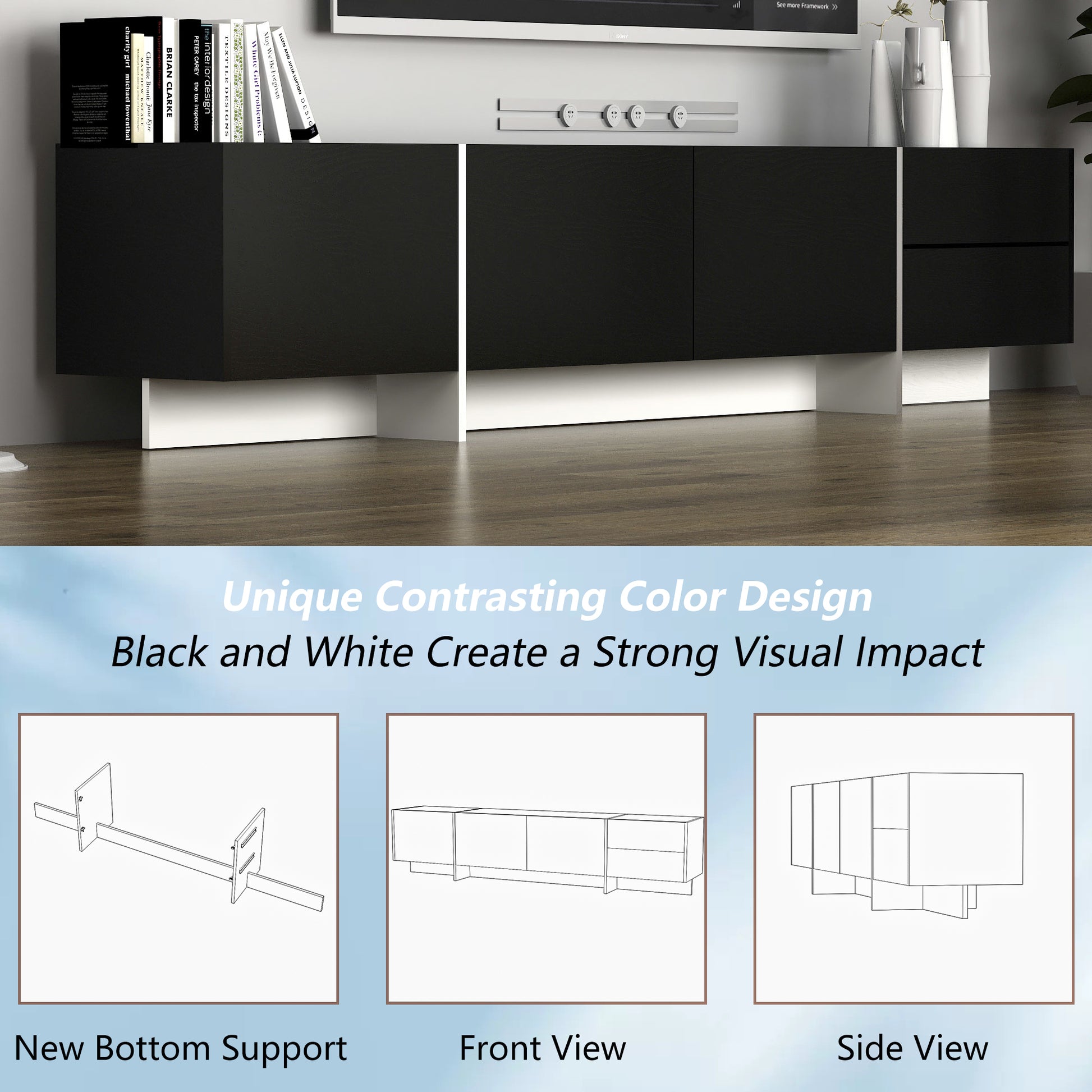 Tv Console With Storage Cabinets, Remote Control, App Control Led Tv Stand, Full Rgb Color Selection, 31 Modes Changing Lights Modern Entertainment Center Black, For 75 Inches Tv Black Primary Living Space 70 79 Inches 70 79 Inches Modern 75 Inches