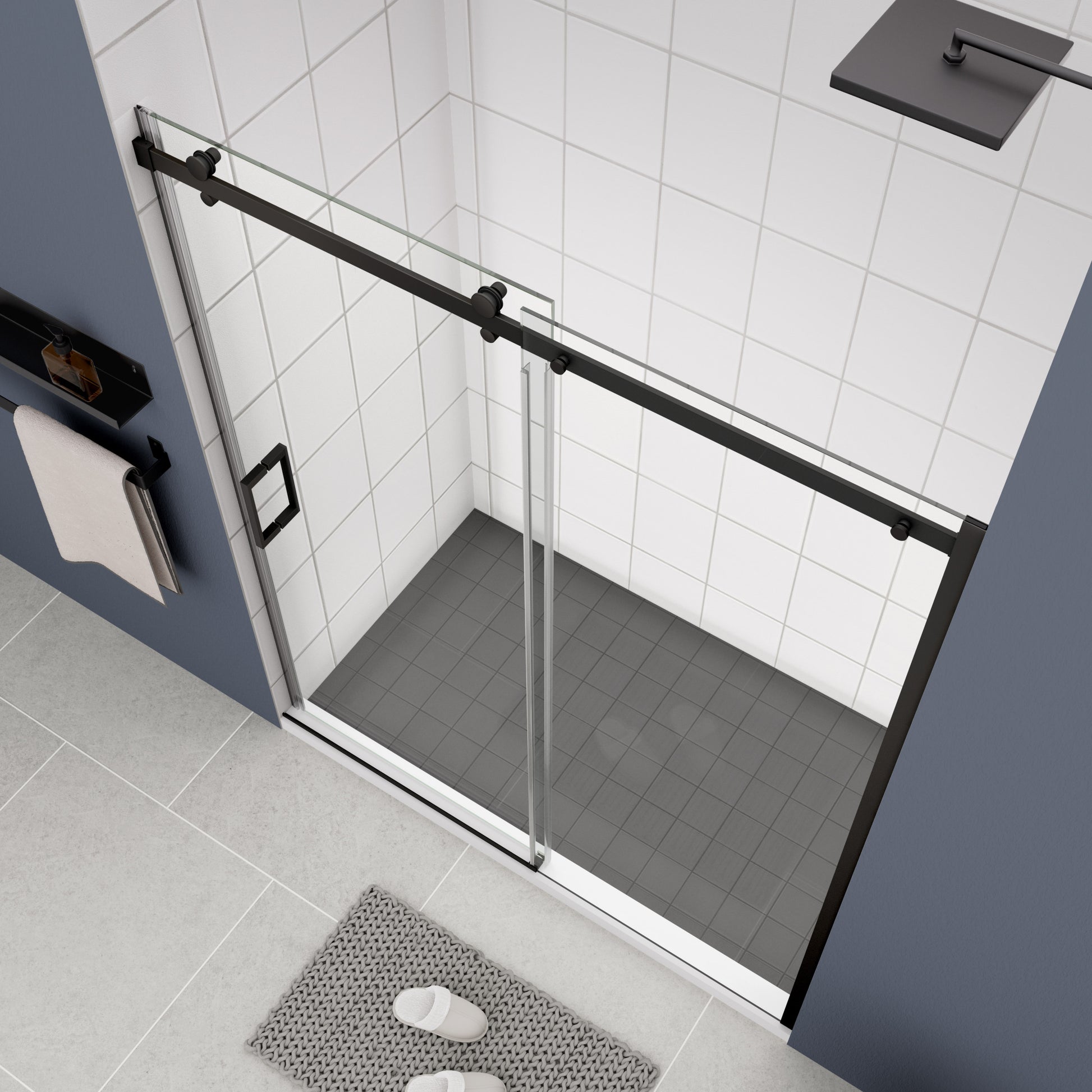 Glass Shower Door, Sliding Door, With 5 16" Tempered Glass And Matted Black Finish Matte Black Bathroom Aluminium Alloy