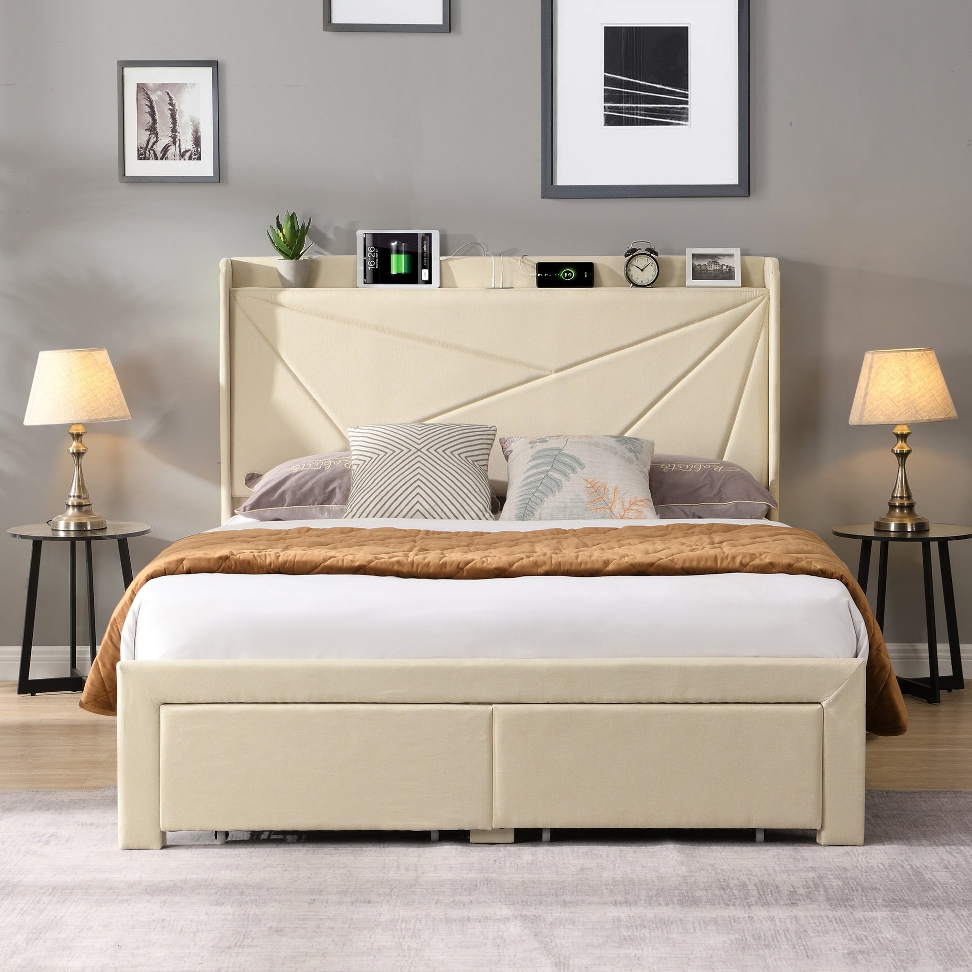 Full Size Bed Frame With 2 Storage Drawers, Upholstered Bed Frame With Wingback Headboard Storage Shelf Built In Usb Charging Stations And Strong Wood Slats Support, No Box Spring Needed, Beige Box Spring Not Required Full Beige Composite Bedroom Bed