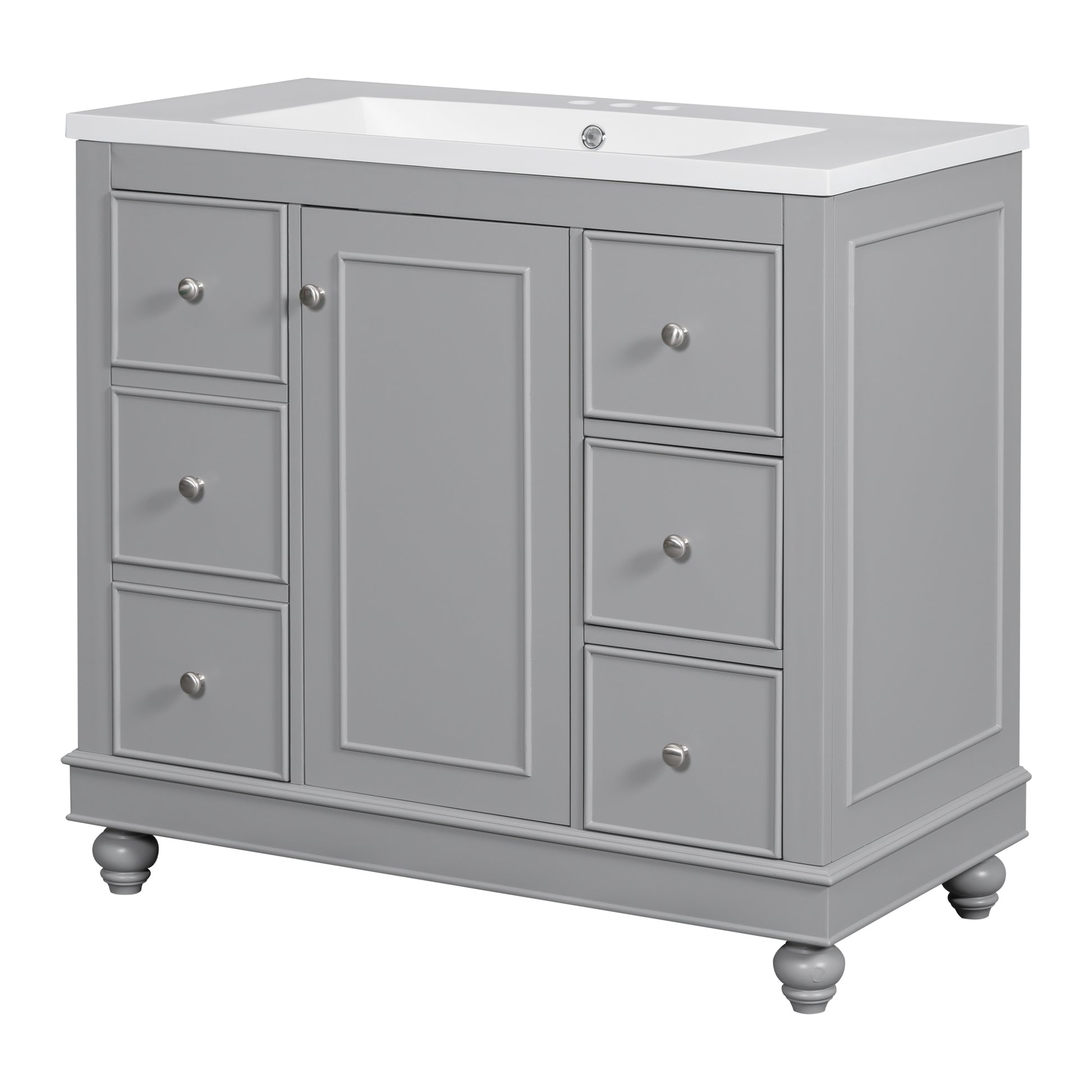 Contemporary Gray Bathroom Vanity Cabinet 36X18X34 Inches, 4 Drawers & 1 Cabinet Door, Multipurpose Storage, Resin Integrated Sink, Adjustable Shelves, Solid Wood Frame With Mdf Gray Modern Solid Wood Mdf Resin