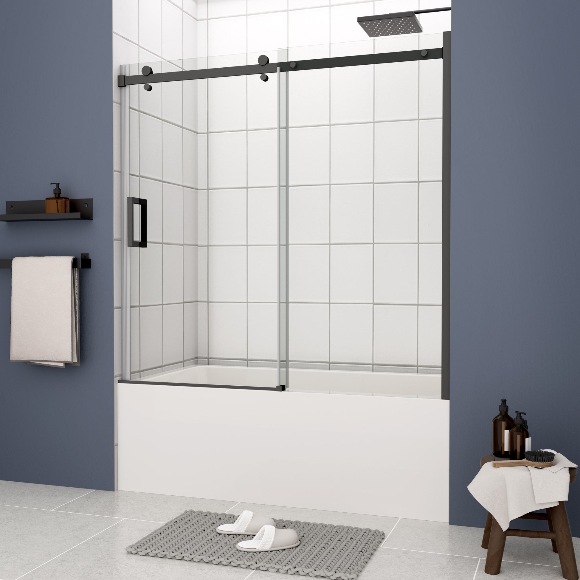 Bathtub Shower Door, Sliding Door, With 5 16" Tempered Glass And Matted Black Finish 6058 Matte Black Aluminium Alloy