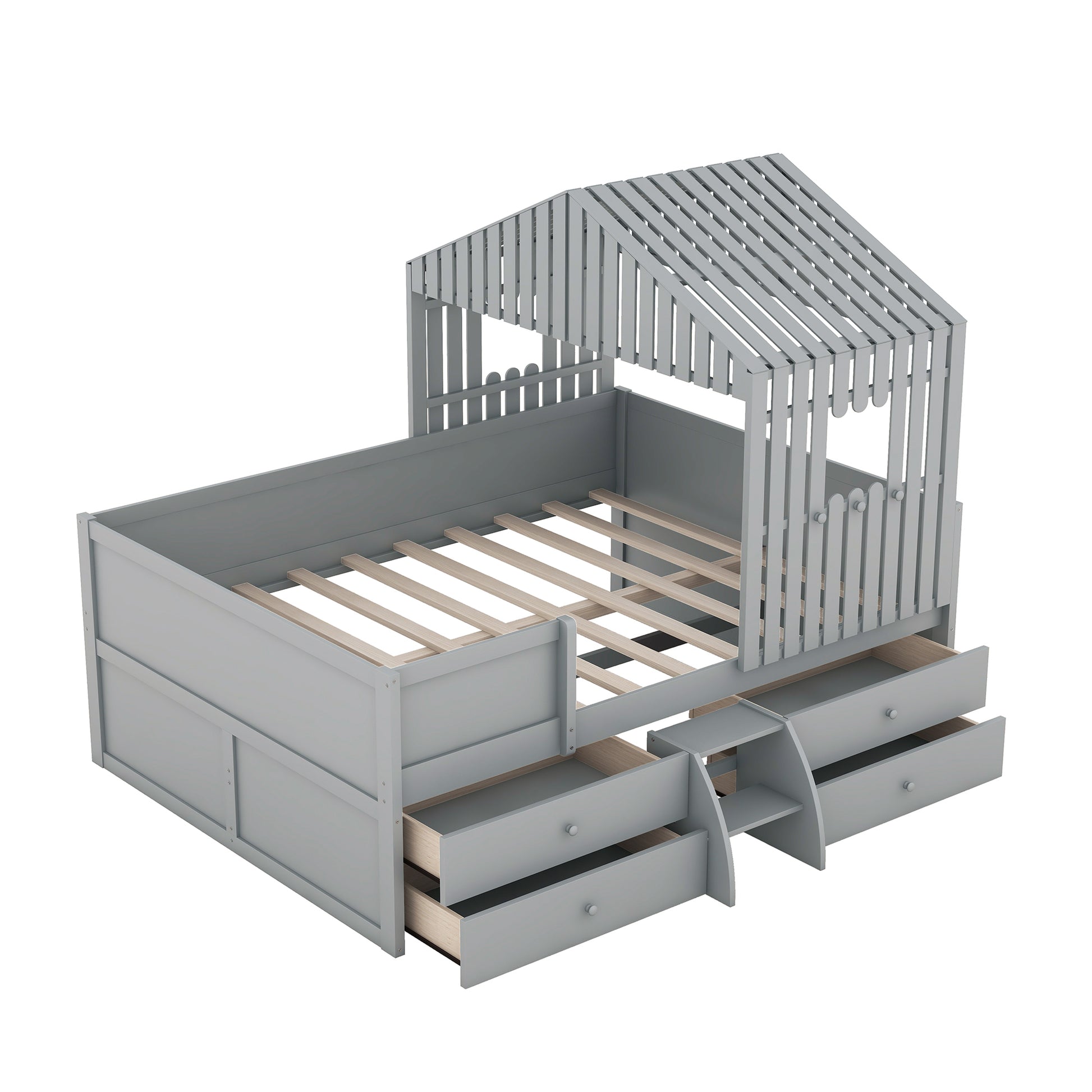 Full Size House Low Loft Bed With Four Drawers,Gray Box Spring Not Required Gray Wood Pine