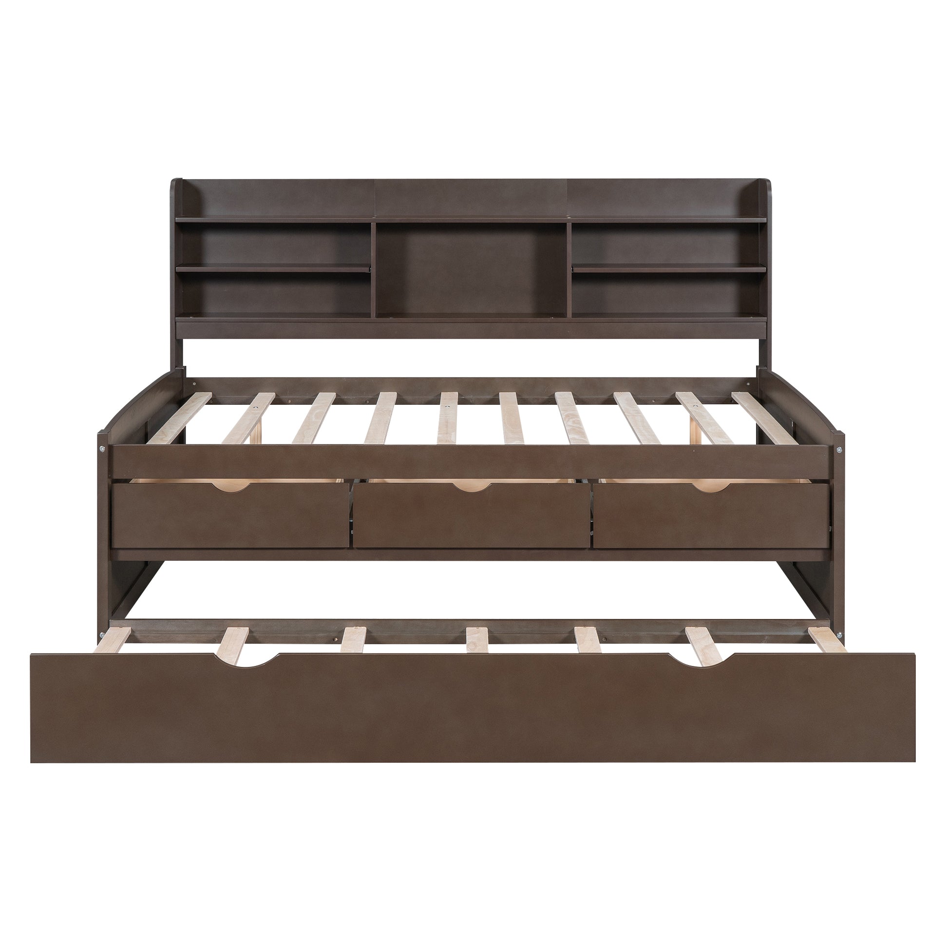 Full Size Wooden Captain Bed With Built In Bookshelves,Three Storage Drawers And Trundle,Antique Grey Antique Gray Solid Wood Mdf