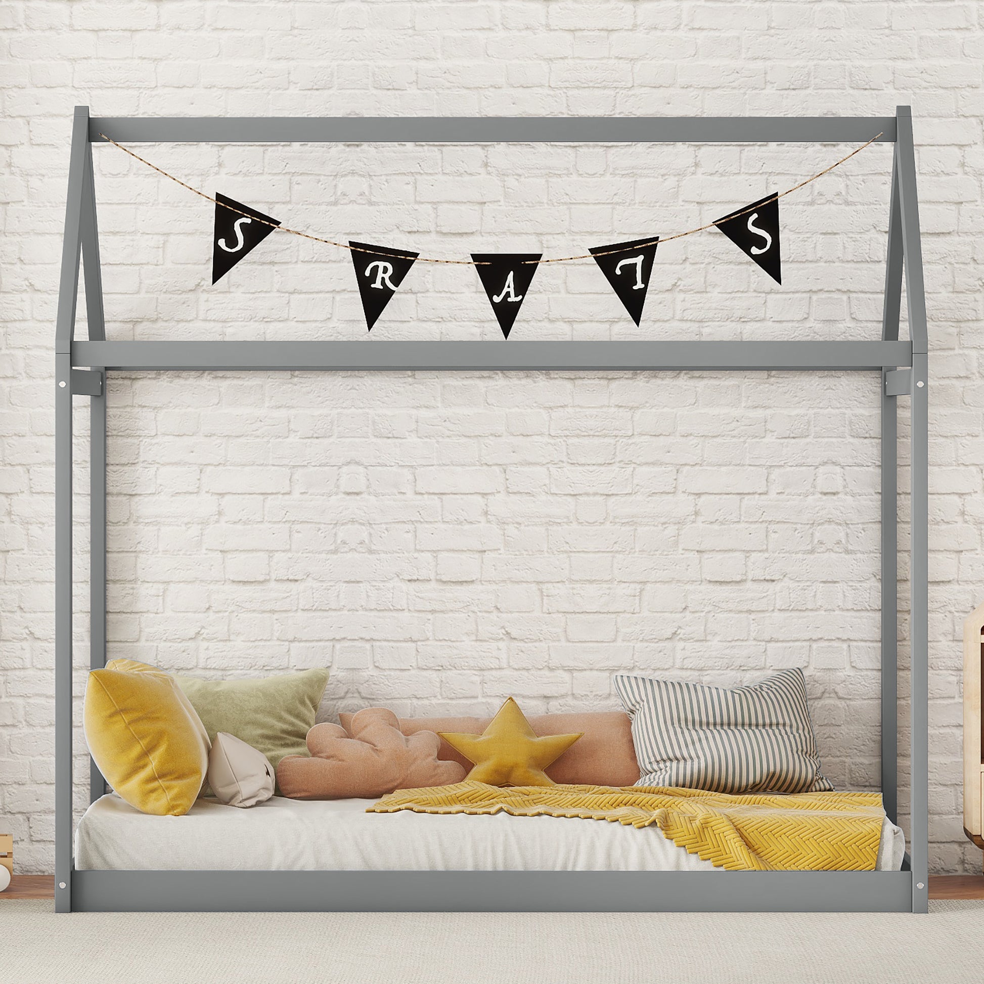 Twin Size Wooden House Bed, Gray Gray Pine