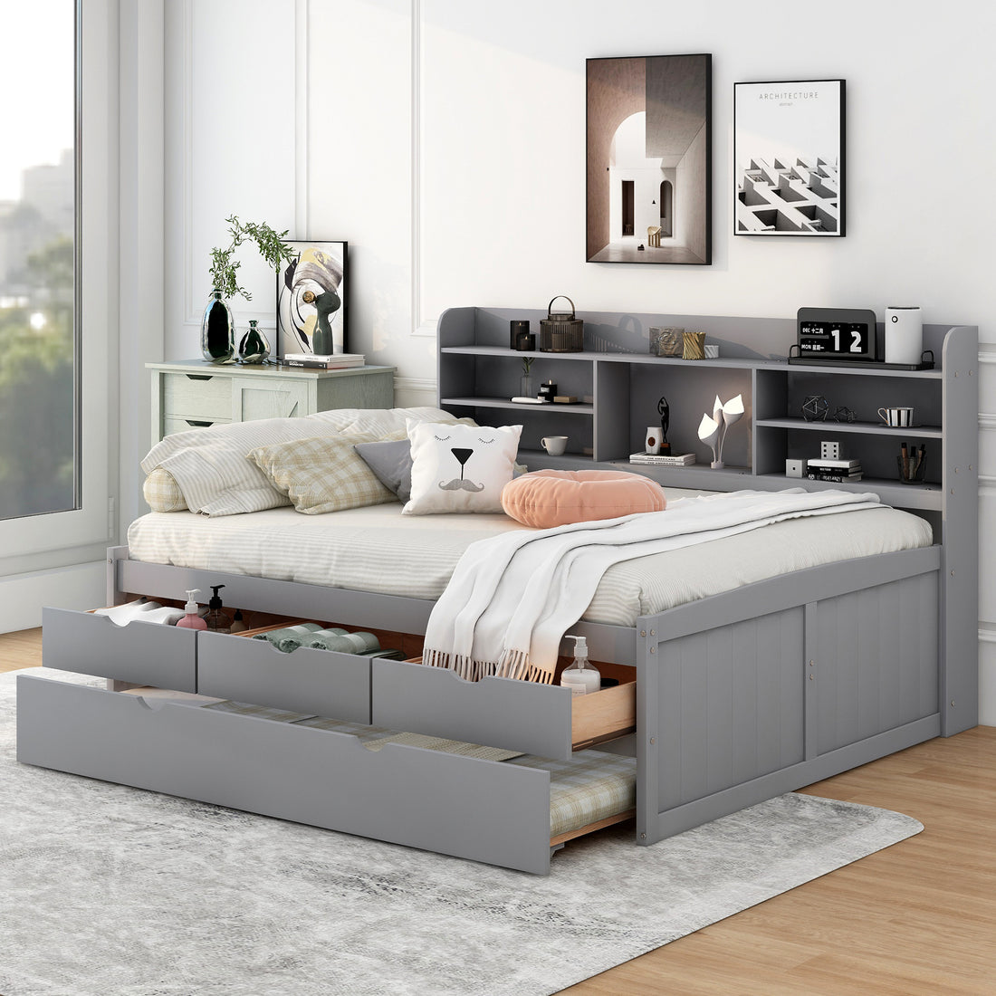 Full Size Wooden Captain Bed With Built In Bookshelves,Three Storage Drawers And Trundle,Light Grey Old Sku:Gx001029Aae Light Grey Solid Wood Mdf