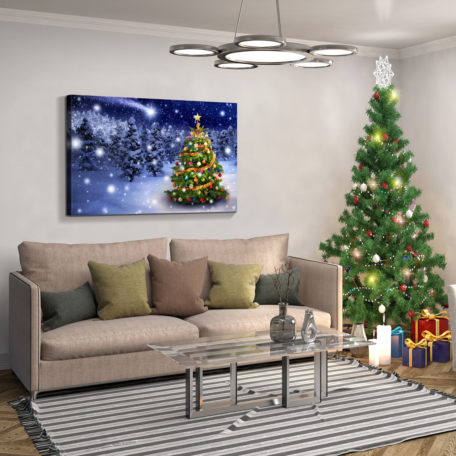 Framed Canvas Wall Art Decor Painting For Chrismas, Chrismas Tree In Forest Chrismas Painting For Chrismas Gift, Decoration For Chrismas Eve Office Living Room, Bedroom Decor 3624In Thickness 1.5Inch Rectangle Framed Multicolor Christmas Oversized 41In