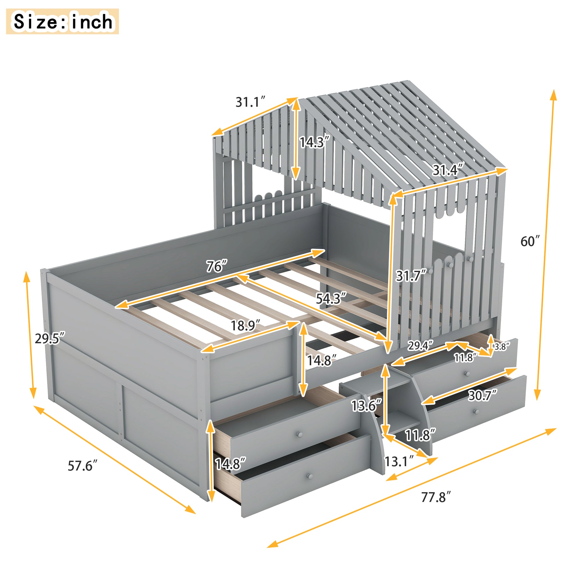 Full Size House Low Loft Bed With Four Drawers,Gray Box Spring Not Required Gray Wood Pine