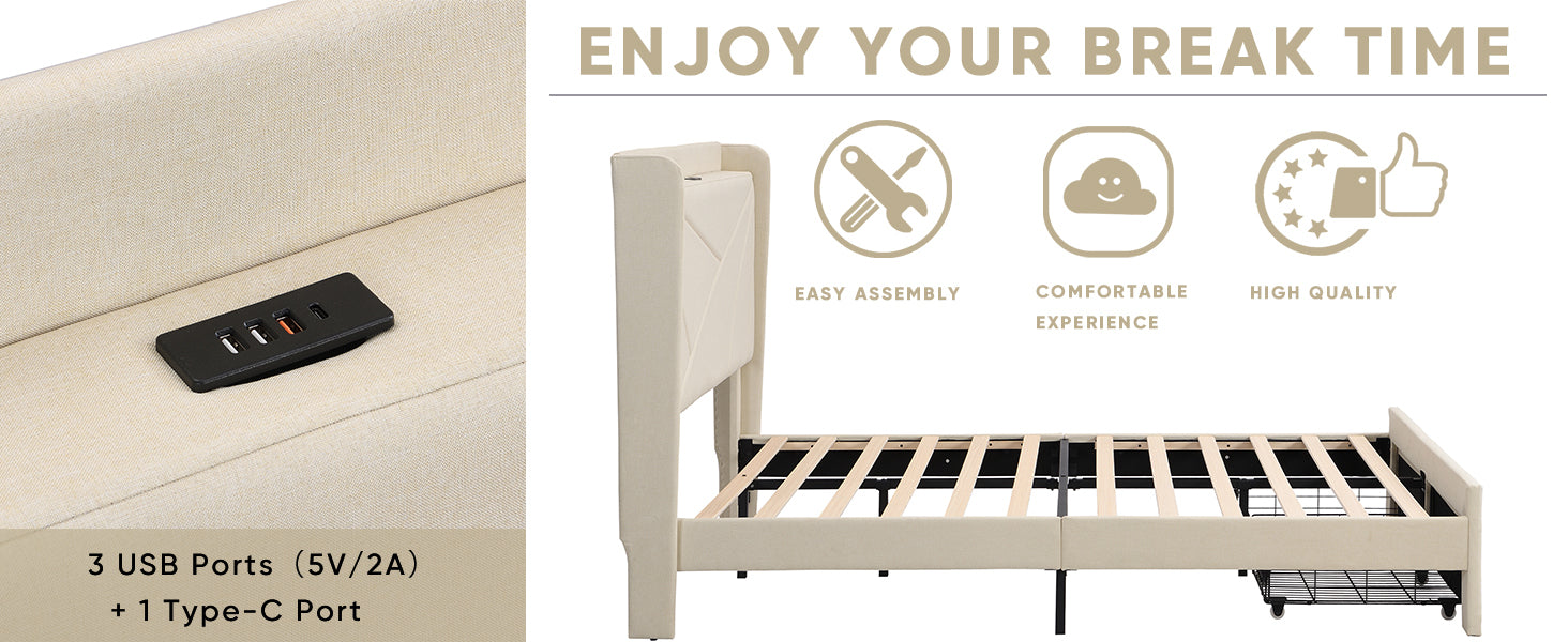 Queen Size Bed Frame With 2 Storage Drawers, Upholstered Bed Frame With Wingback Headboard Storage Shelf Built In Usb Charging Stations And Strong Wood Slats Support, No Box Spring Needed, Beige Box Spring Not Required Queen Beige Composite Bedroom Bed