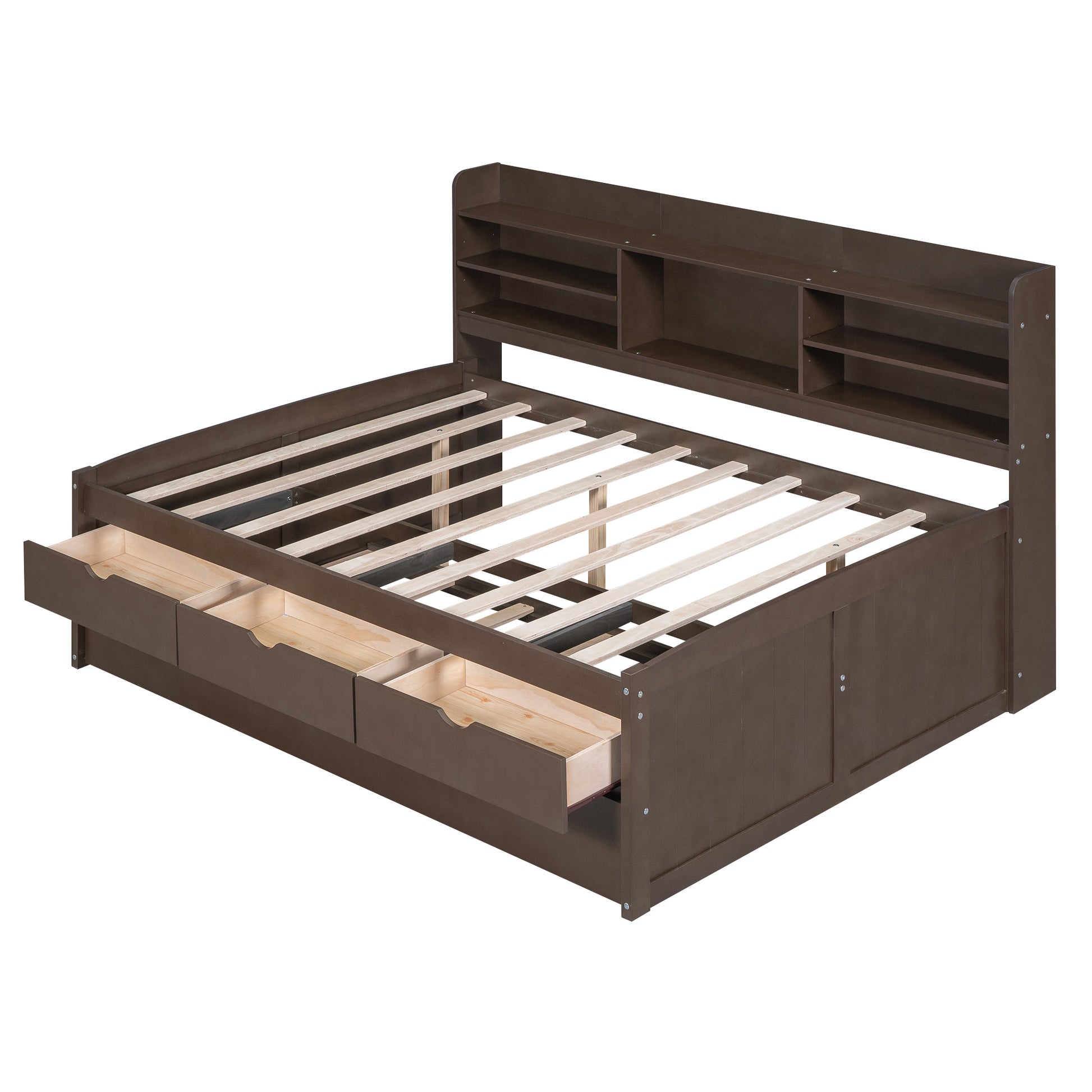Full Size Wooden Captain Bed With Built In Bookshelves,Three Storage Drawers And Trundle,Antique Grey Antique Gray Solid Wood Mdf