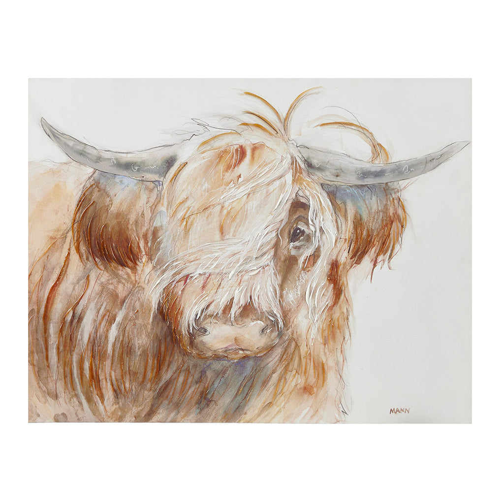 Hand Embellished Highland Bull Canvas Wall Art Brown Wood