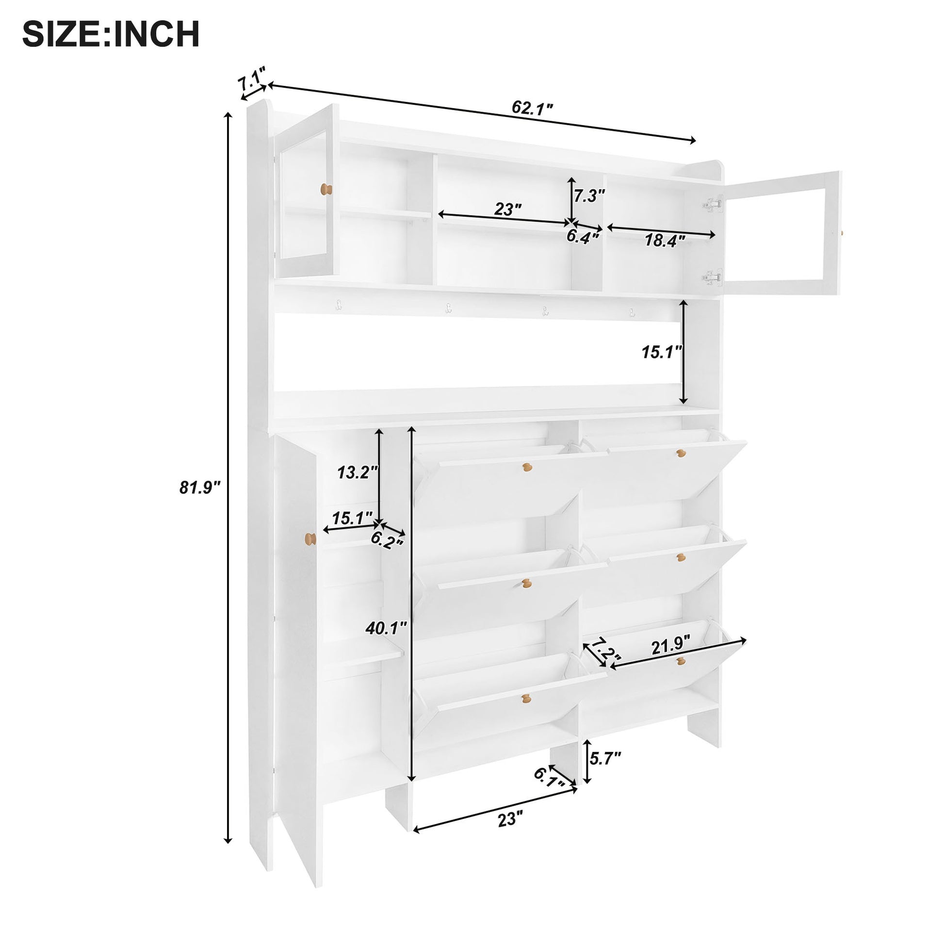 Multifunctional Shoe Cabinet With Storage Shelf & 6 Flip Drawers, Modern Large Hall Tree With Tempered Glass Doors, Elegant Foyer Cabinet With 4 Hooks For Hallway, White 5 Or More Drawers White Particle Board