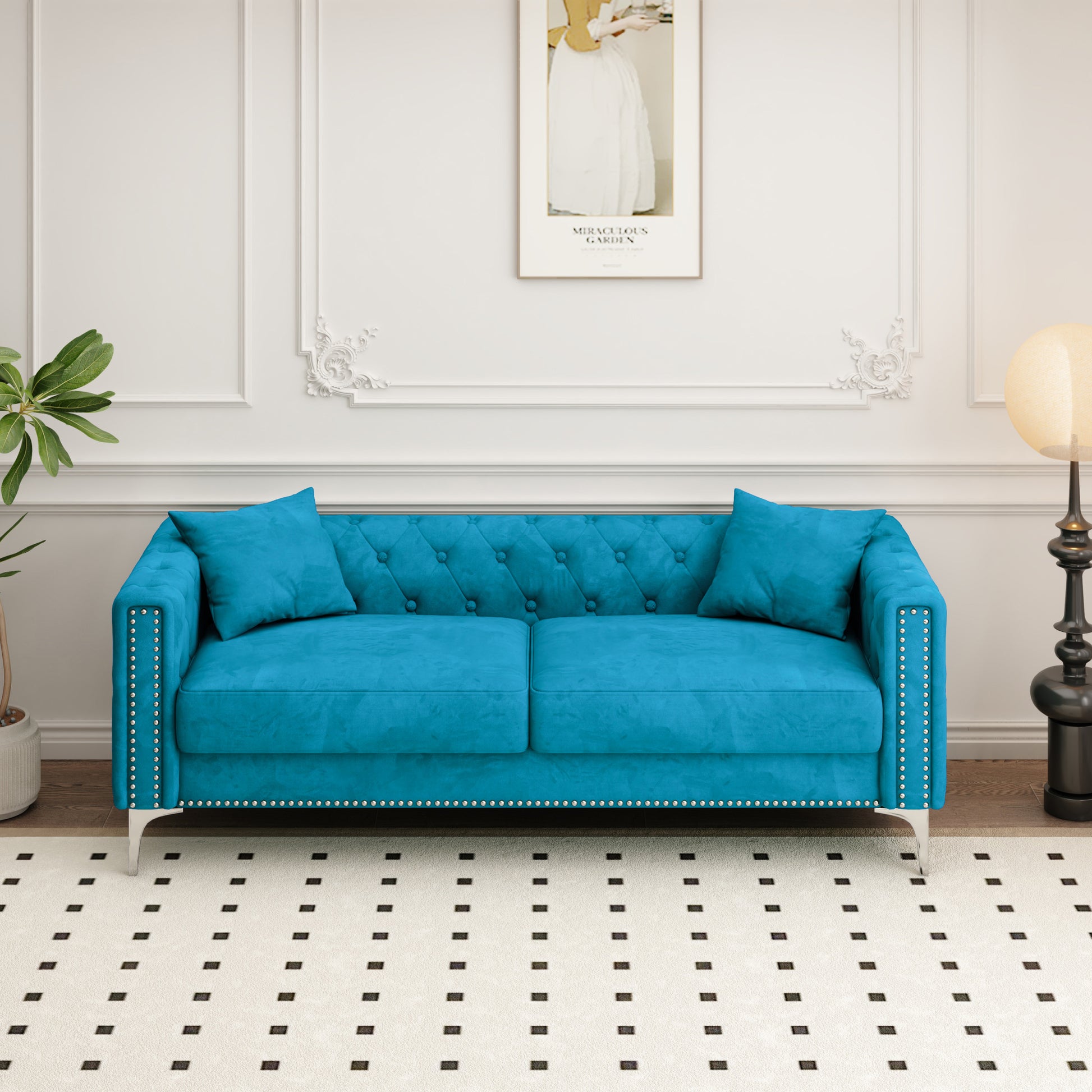 Sofa Includes 2 Pillows, 83 "Blue Velvet Triple Sofa, Suitable For Large And Small Spaces Blue Velvet