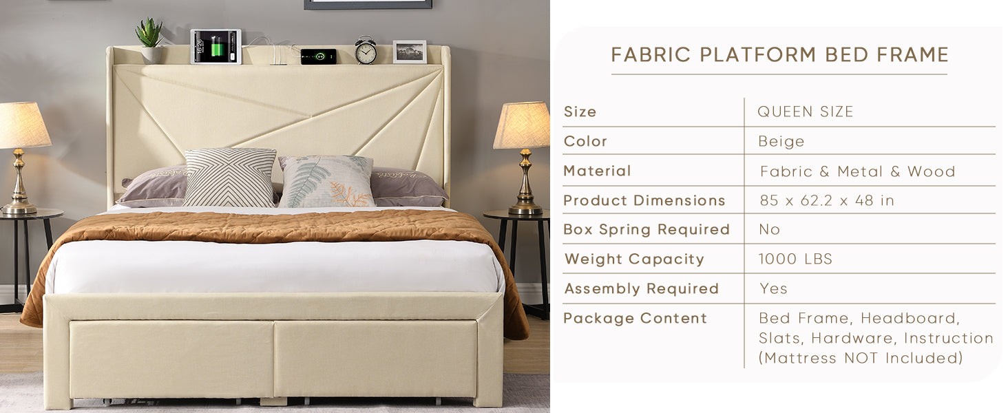 Queen Size Bed Frame With 2 Storage Drawers, Upholstered Bed Frame With Wingback Headboard Storage Shelf Built In Usb Charging Stations And Strong Wood Slats Support, No Box Spring Needed, Beige Box Spring Not Required Queen Beige Composite Bedroom Bed