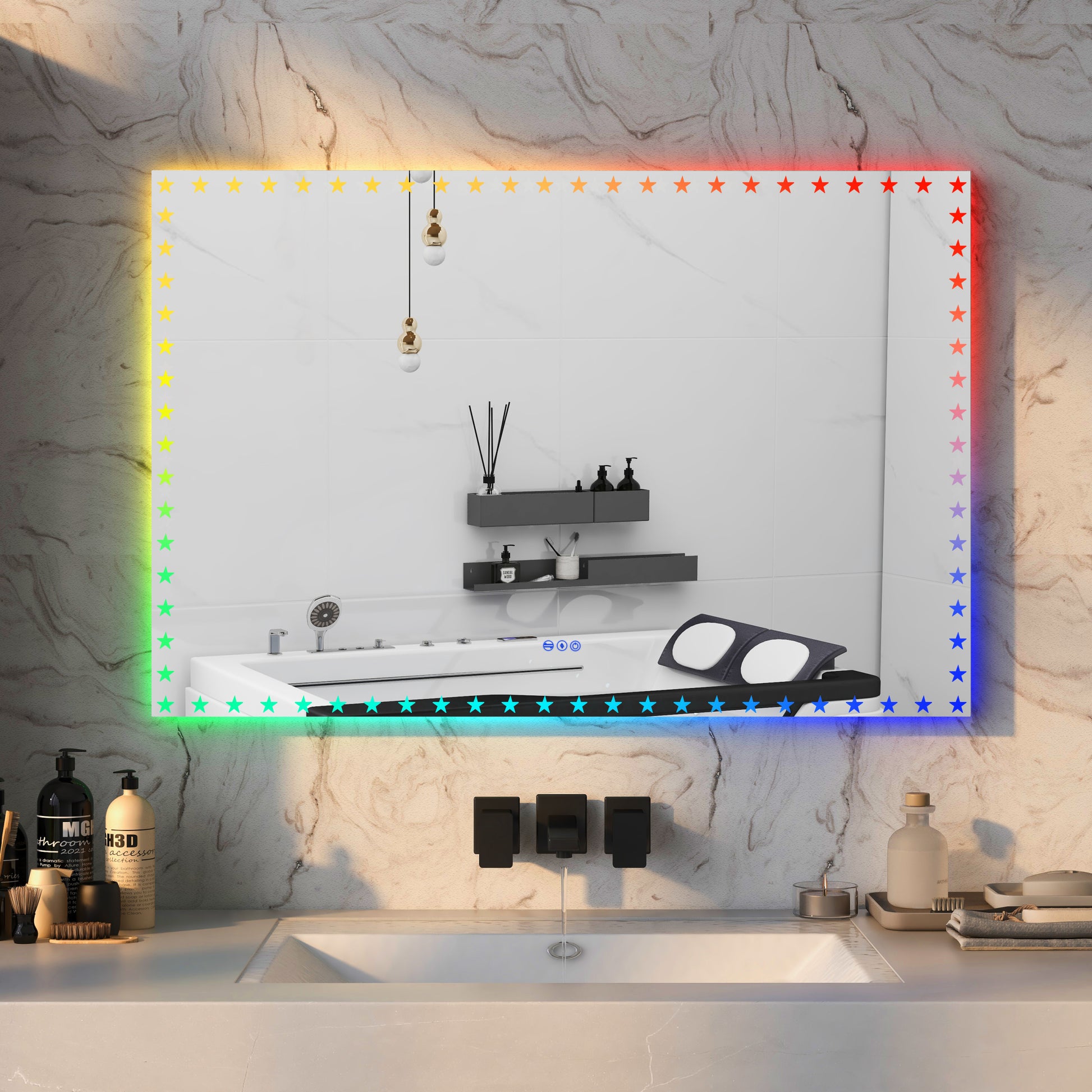 60X40 Inch Led Bathroom Mirror With Lights Backlit Rgb Color Changing Lighted Mirror For Bathroom Wall Dimmable Anti Fog Memory Rectangular Vanity Mirror Rgb Multicolor Backlit Front Lighted White Aluminium