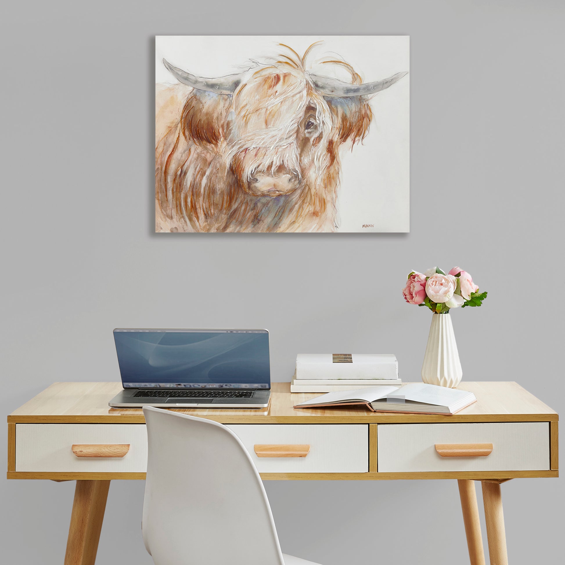 Hand Embellished Highland Bull Canvas Wall Art Brown Wood