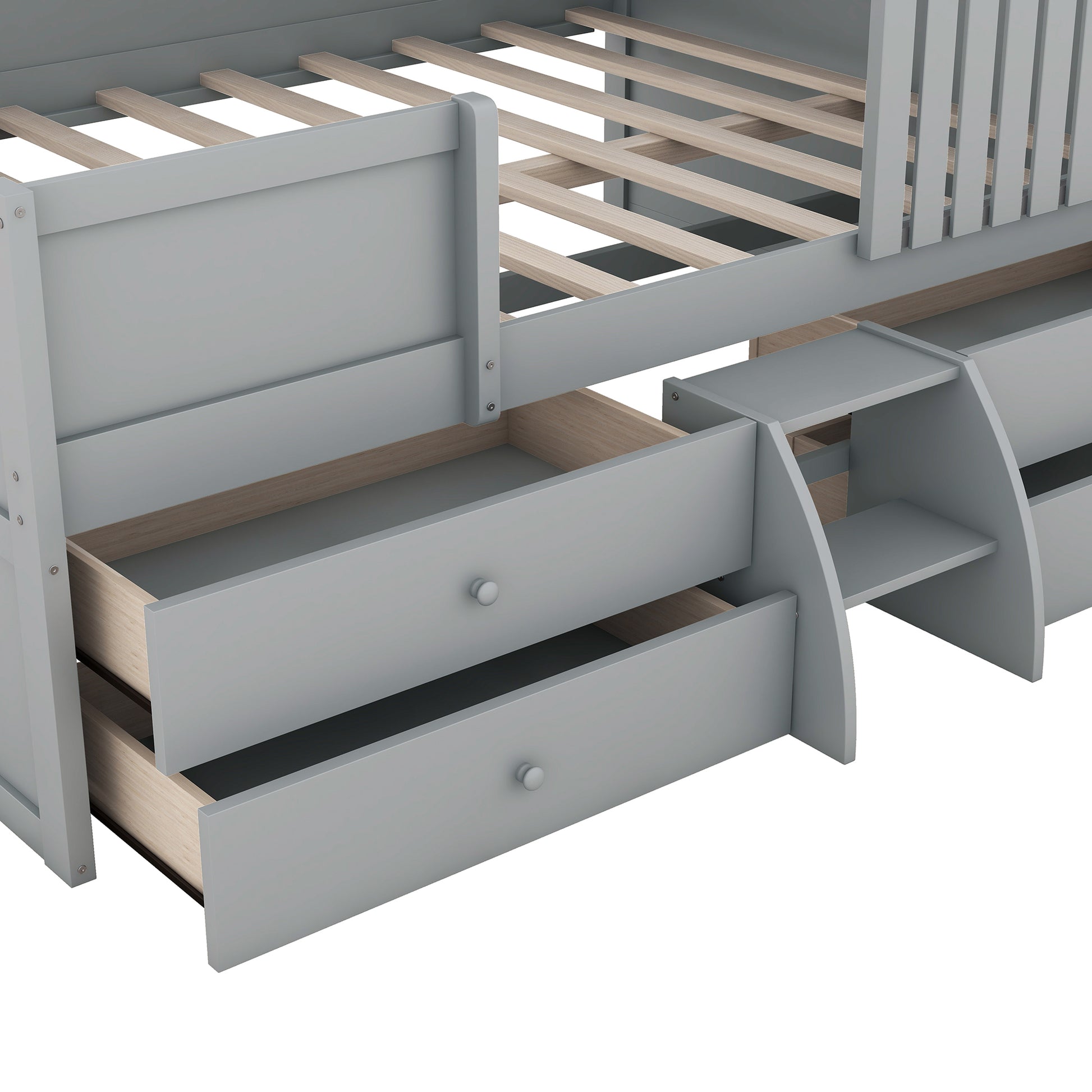 Full Size House Low Loft Bed With Four Drawers,Gray Box Spring Not Required Gray Wood Pine