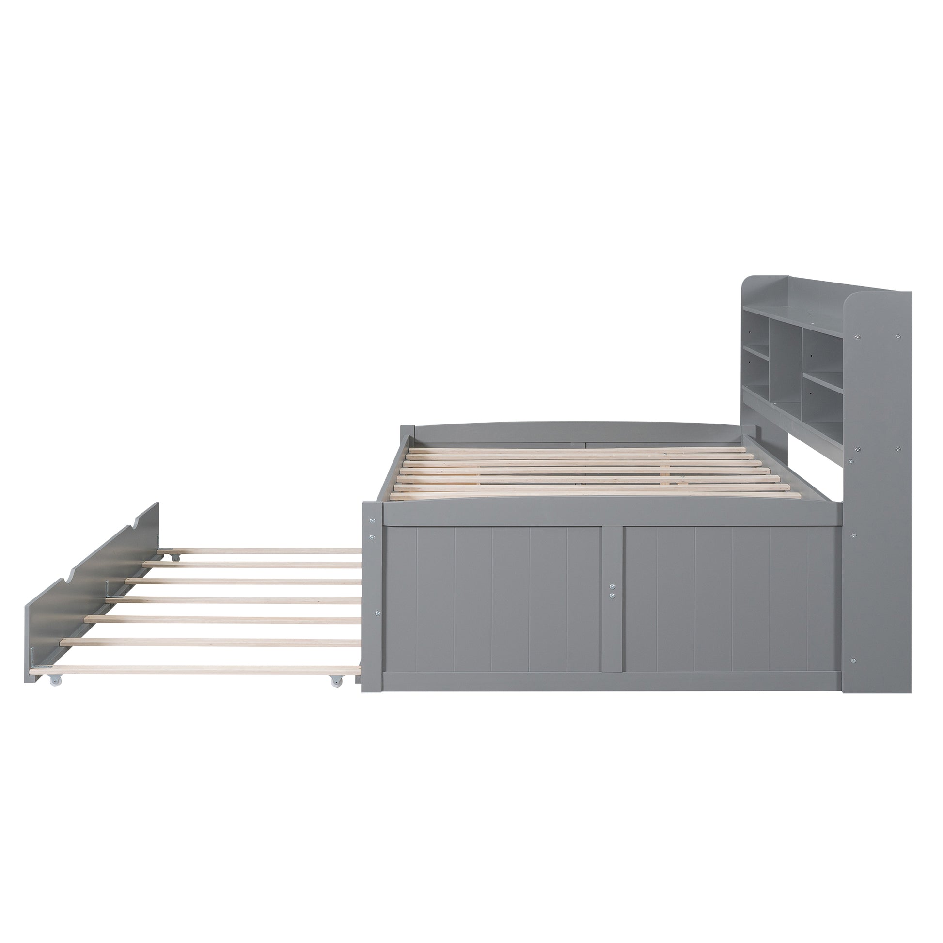 Full Size Wooden Captain Bed With Built In Bookshelves,Three Storage Drawers And Trundle,Light Grey Old Sku:Gx001029Aae Light Grey Solid Wood Mdf