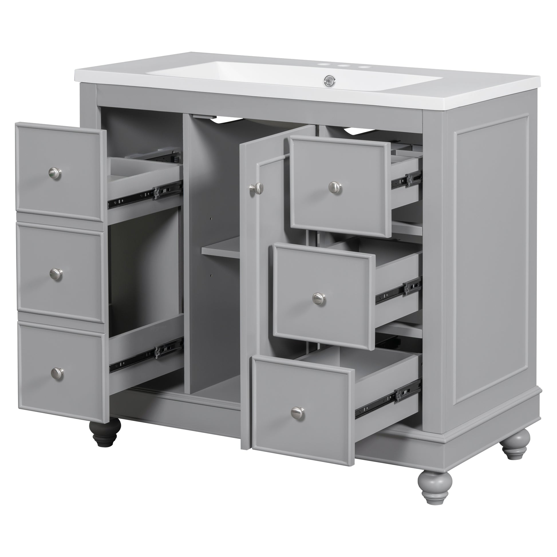 Contemporary Gray Bathroom Vanity Cabinet 36X18X34 Inches, 4 Drawers & 1 Cabinet Door, Multipurpose Storage, Resin Integrated Sink, Adjustable Shelves, Solid Wood Frame With Mdf Gray Modern Solid Wood Mdf Resin