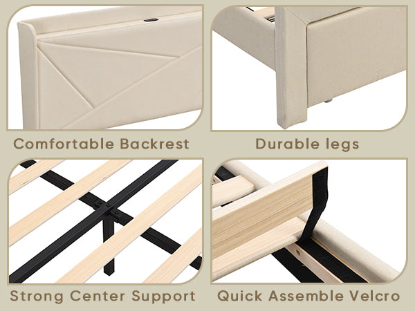 Queen Size Bed Frame With 2 Storage Drawers, Upholstered Bed Frame With Wingback Headboard Storage Shelf Built In Usb Charging Stations And Strong Wood Slats Support, No Box Spring Needed, Beige Box Spring Not Required Queen Beige Composite Bedroom Bed