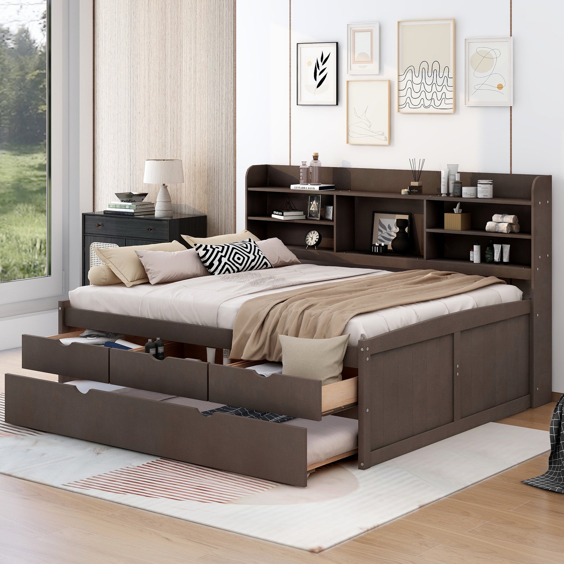 Full Size Wooden Captain Bed With Built In Bookshelves,Three Storage Drawers And Trundle,Antique Grey Antique Gray Solid Wood Mdf