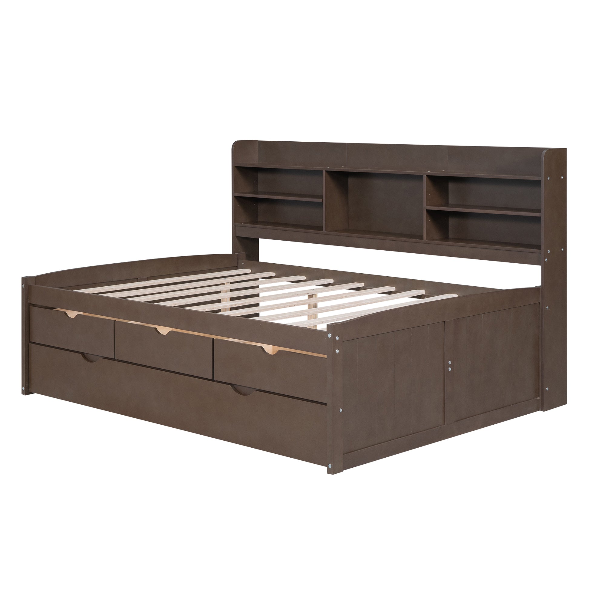 Full Size Wooden Captain Bed With Built In Bookshelves,Three Storage Drawers And Trundle,Antique Grey Antique Gray Solid Wood Mdf