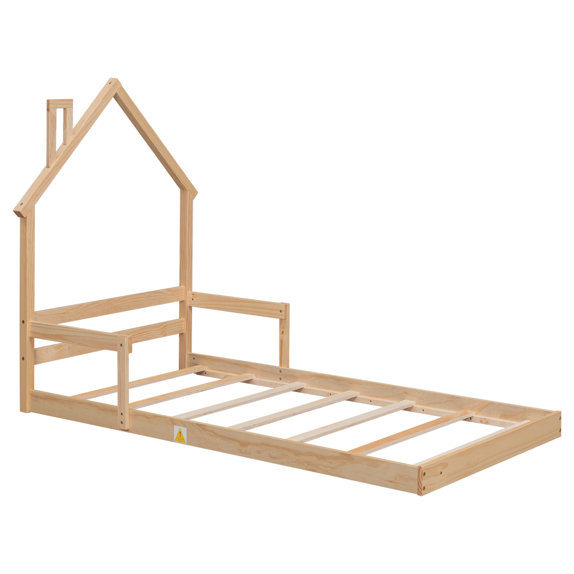 Twin House Shaped Headboard Floor Bed With Handrails ,Slats ,Natural Twin Natural Wood Bedroom American Design Pine Bed Frame Pine