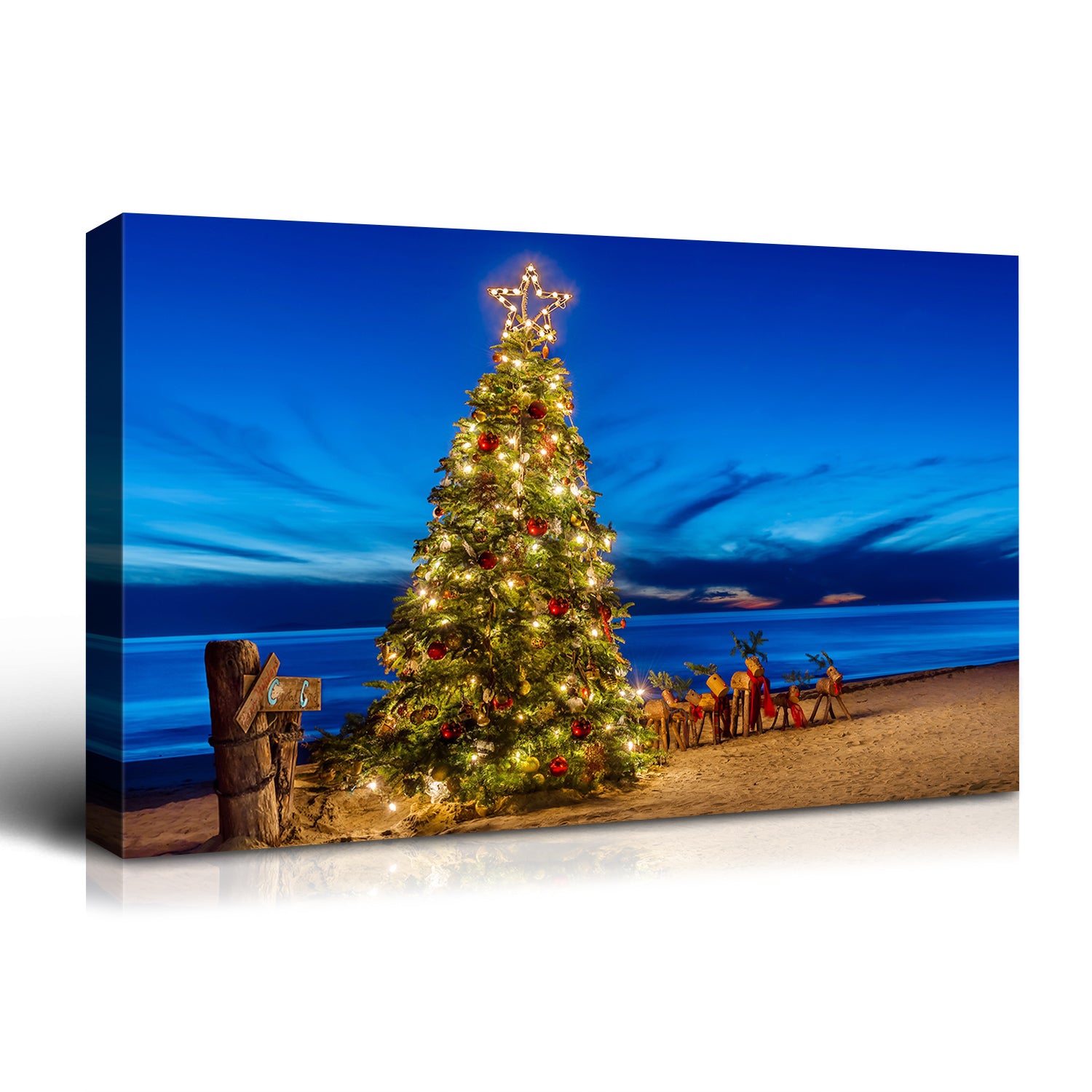 Framed Canvas Wall Art Decor Painting For Chrismas, Chrismas Tree On Seaside Chrismas Gift Painting For Chrismas Gift, Decoration For Chrismas Eve Office Living Room, Bedroom 2418In Thickness 1.5Inch Rectangle Framed Multicolor Christmas Oversized 41In