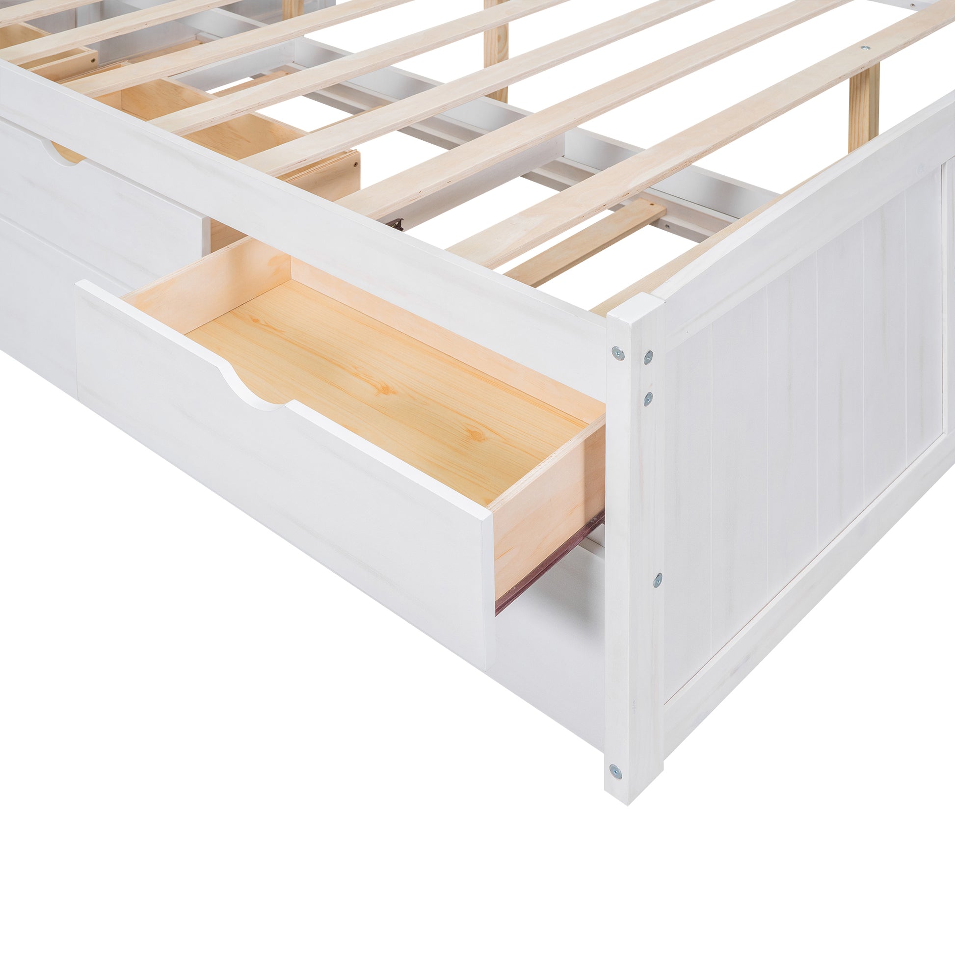 Full Size Wooden Captain Bed With Built In Bookshelves,Three Storage Drawers And Trundle,White Wash White Solid Wood Mdf