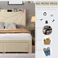 Full Size Bed Frame With 2 Storage Drawers, Upholstered Bed Frame With Wingback Headboard Storage Shelf Built In Usb Charging Stations And Strong Wood Slats Support, No Box Spring Needed, Beige Box Spring Not Required Full Beige Composite Bedroom Bed