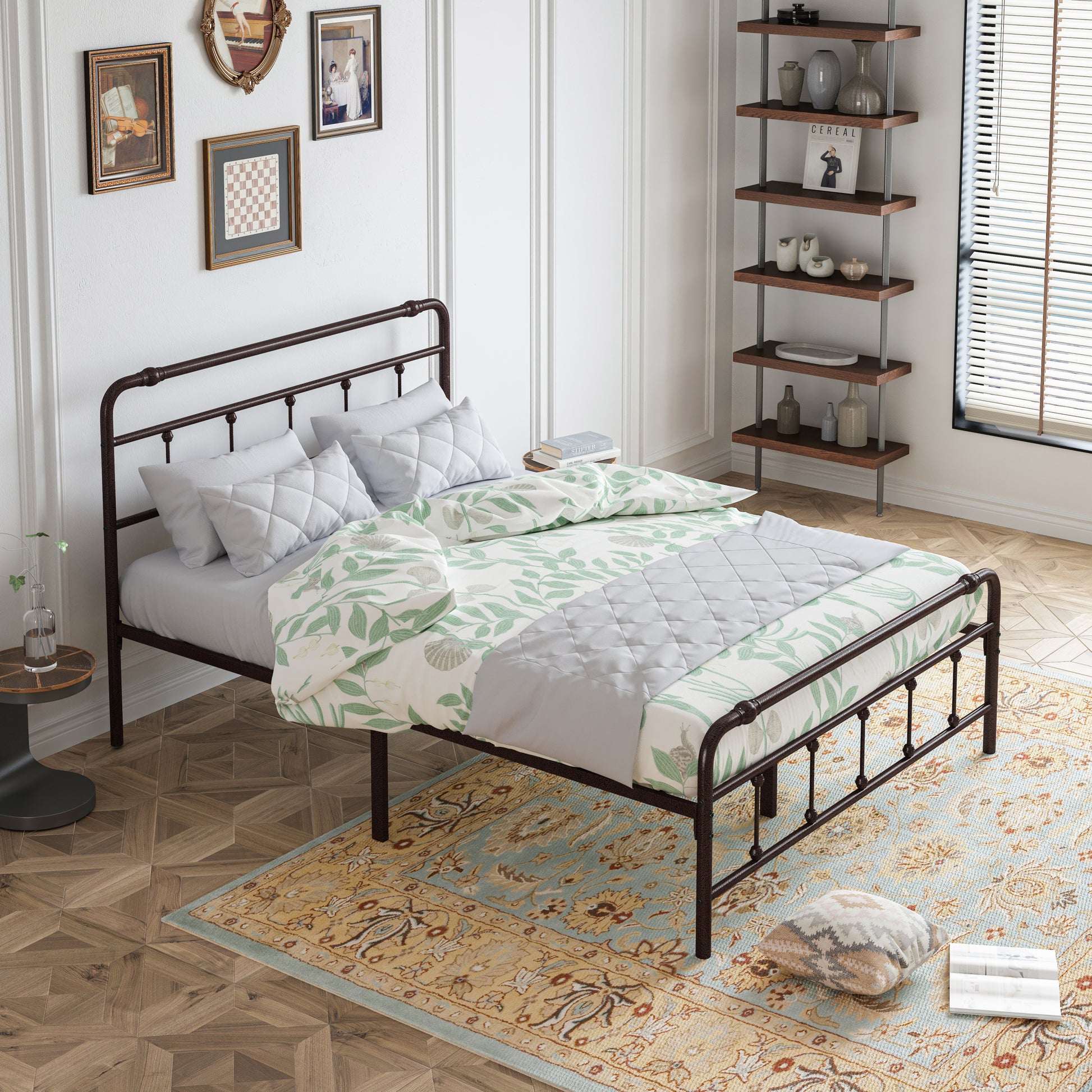 Queen Size Metal Platform Bed Frame With Victorian Style Wrought Iron Art Headboard Footboard Box Spring Not Required Queen Deep Rustic Brown Iron Bed Frame Iron
