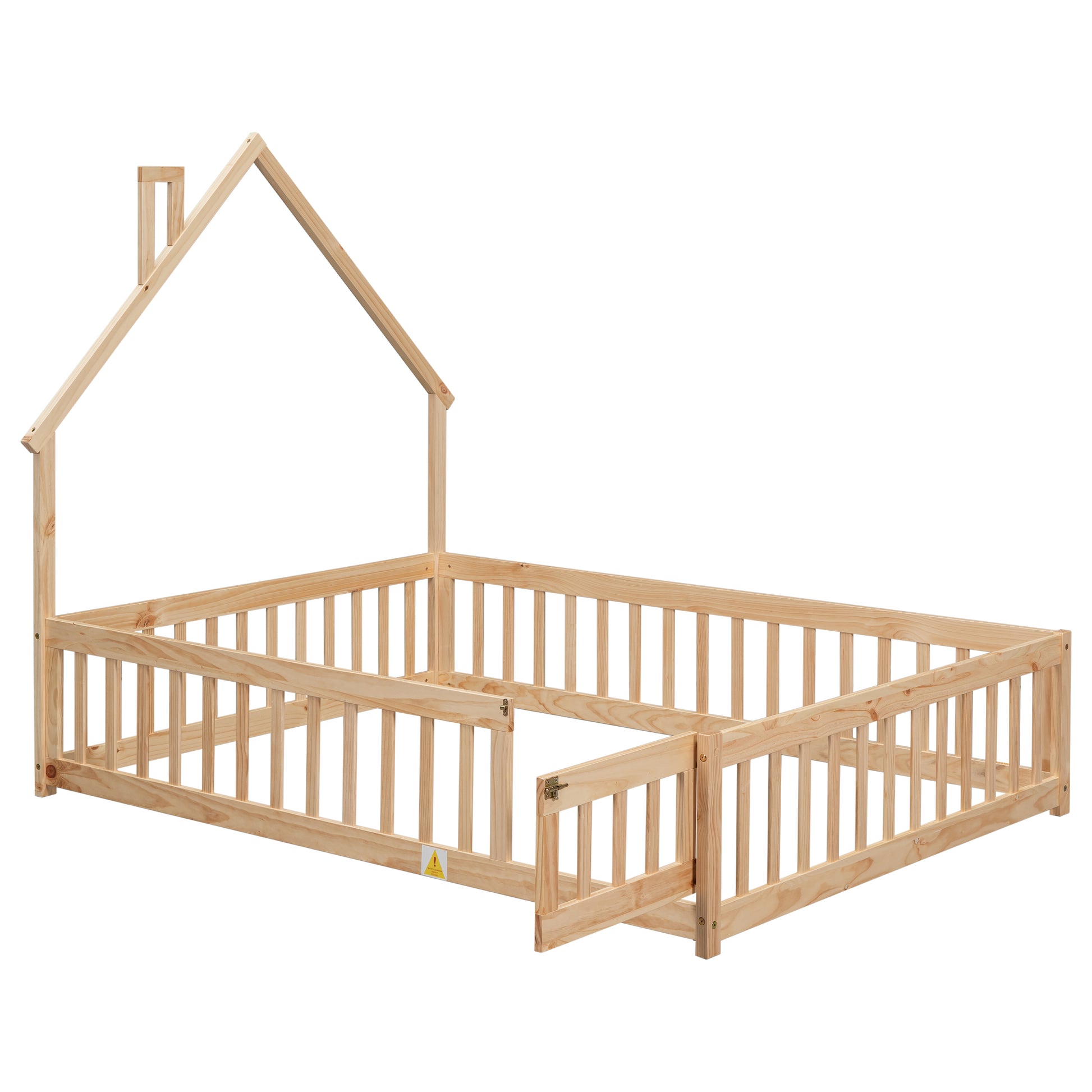 Full House Shaped Headboard Floor Bed With Fence,Natural Full Natural Wood Bedroom American Design Pine Bed Frame Pine