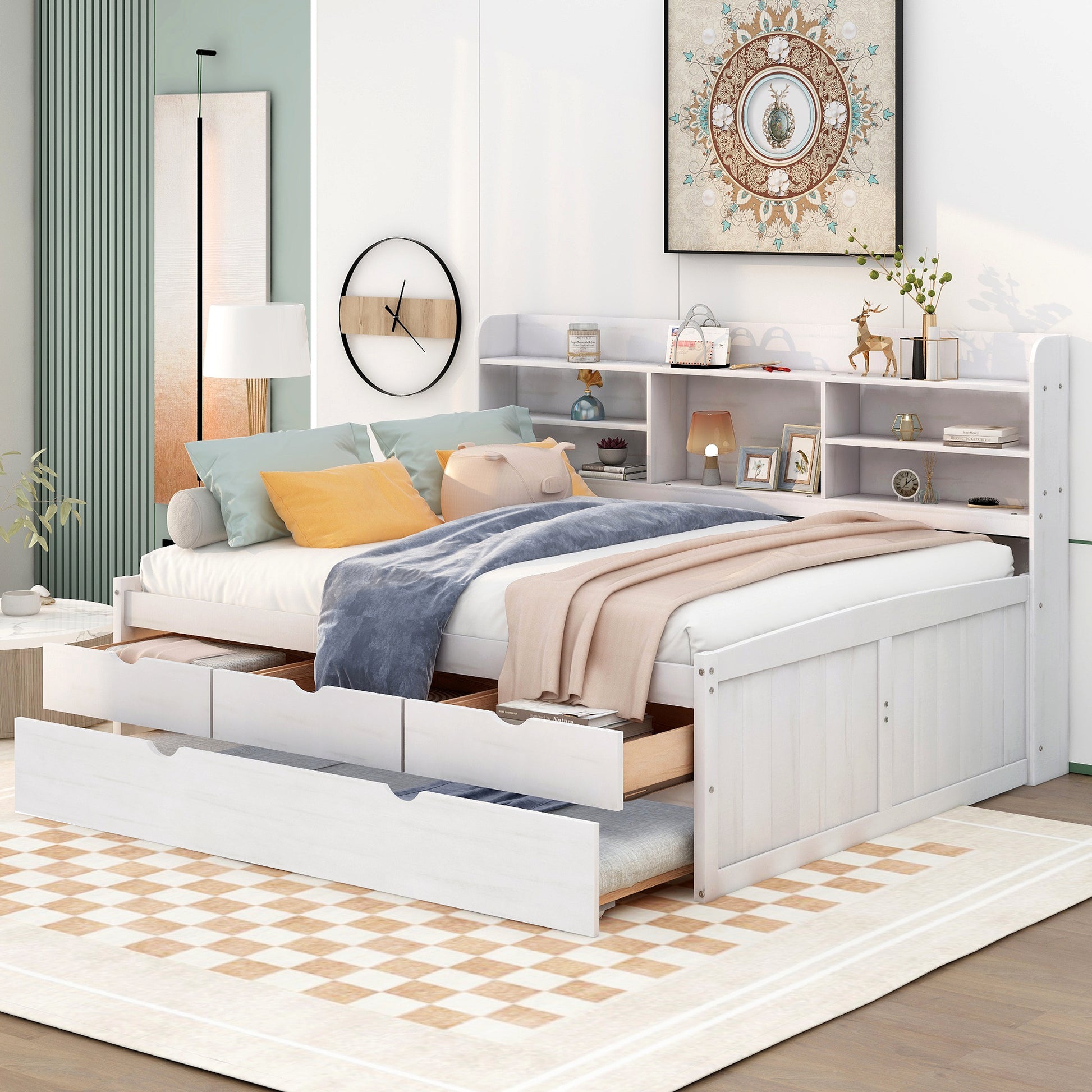 Full Size Wooden Captain Bed With Built In Bookshelves,Three Storage Drawers And Trundle,White Wash White Solid Wood Mdf